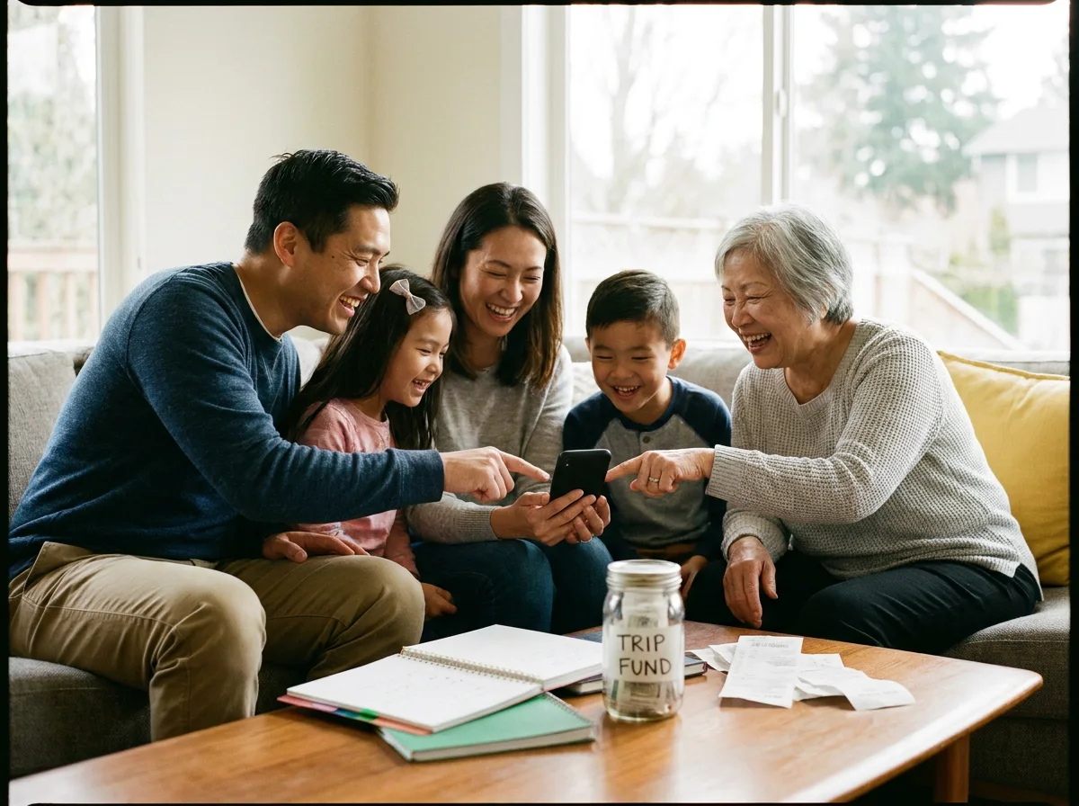 A family sitting at the table plans their savings together on a phone