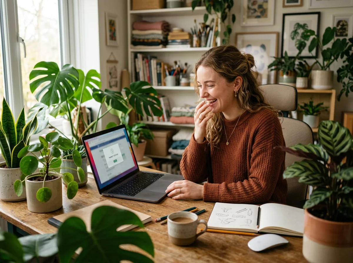 A designer in her studio smiles at her laptop as a client’s payment arrives