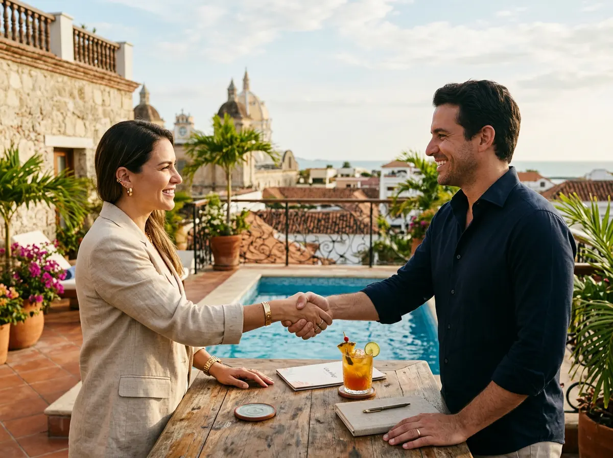On Casa Índigo’s rooftop, by the plunge pool, a host greets a guest with the city’s domes behind them.