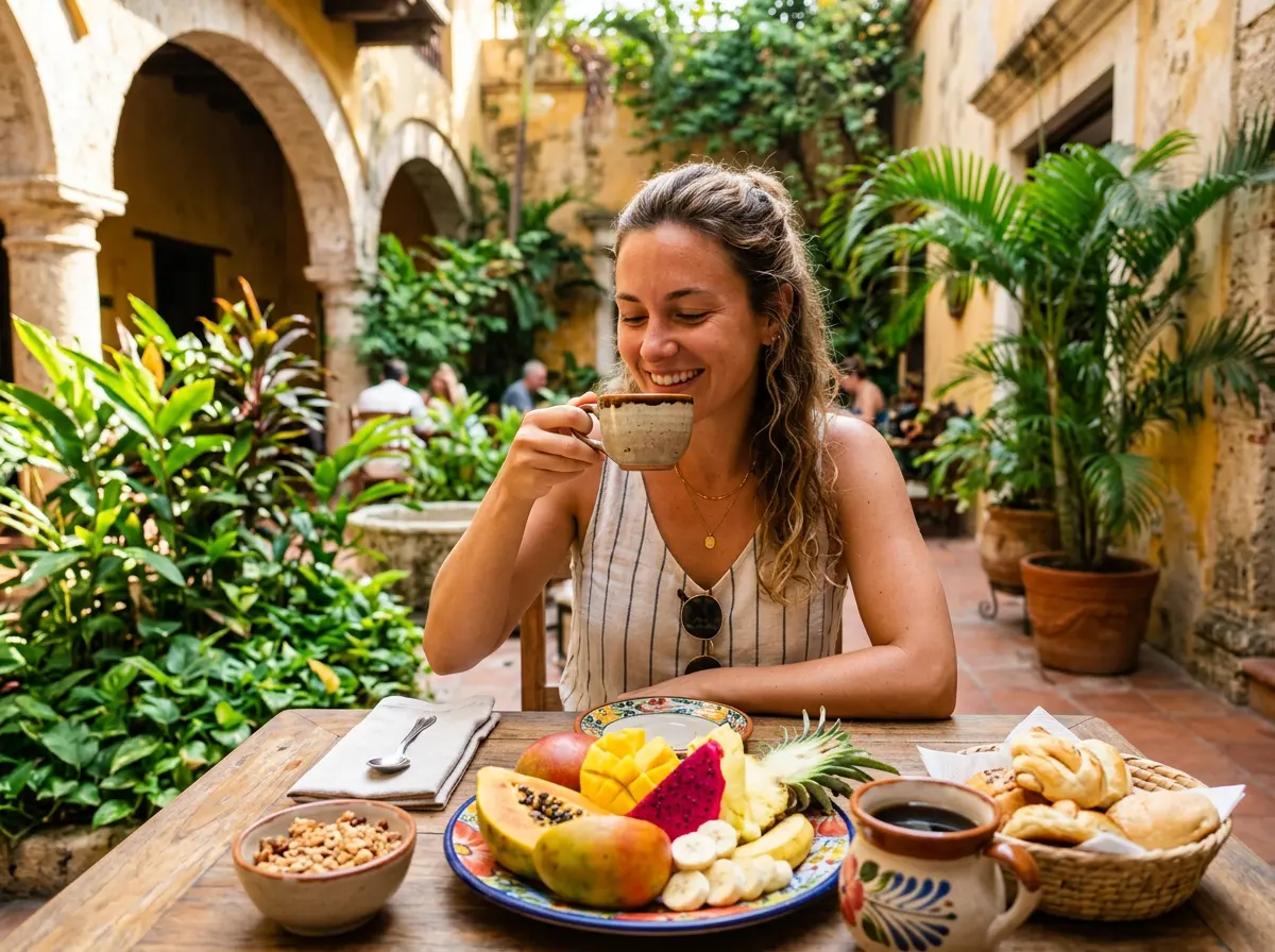 A guest drinks coffee over a plate of tropical fruit in Casa Índigo’s arched, plant-filled courtyard.