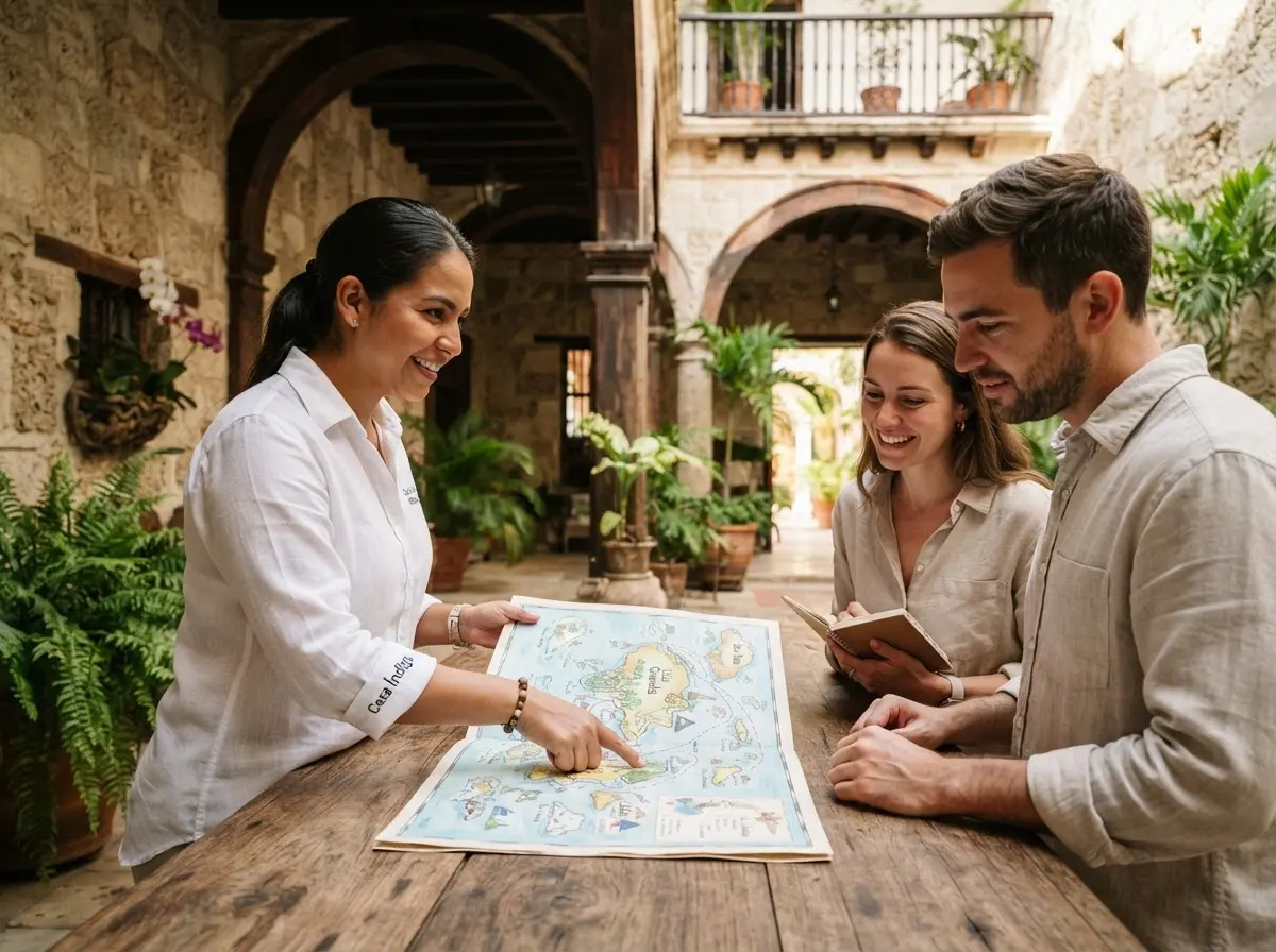 Close-up of the map on the courtyard table as the concierge recommends places to a couple.