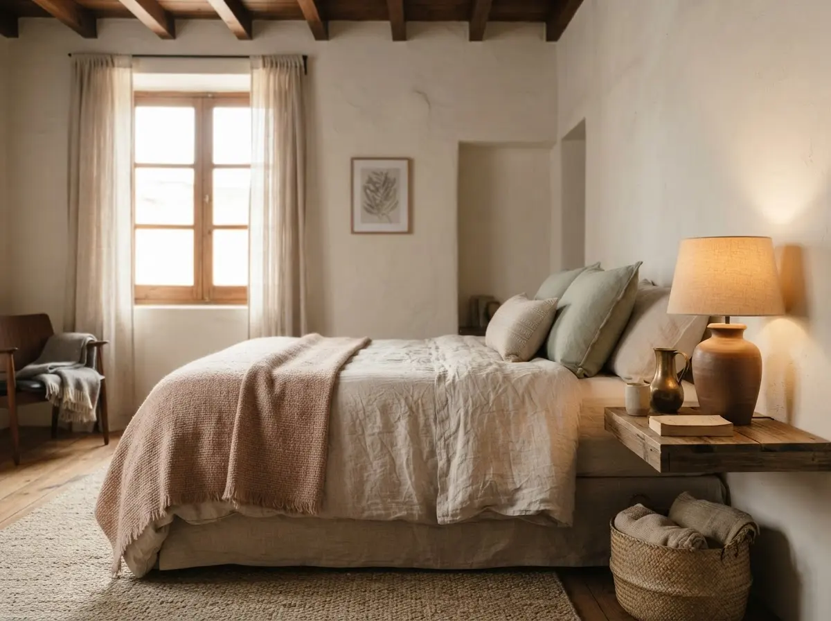 Bedroom with limewashed walls, timber beams, a ceramic lamp and linen.