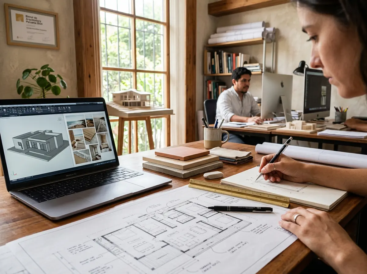 Architect drawing plans at a table, with a physical model and a digital model behind her.