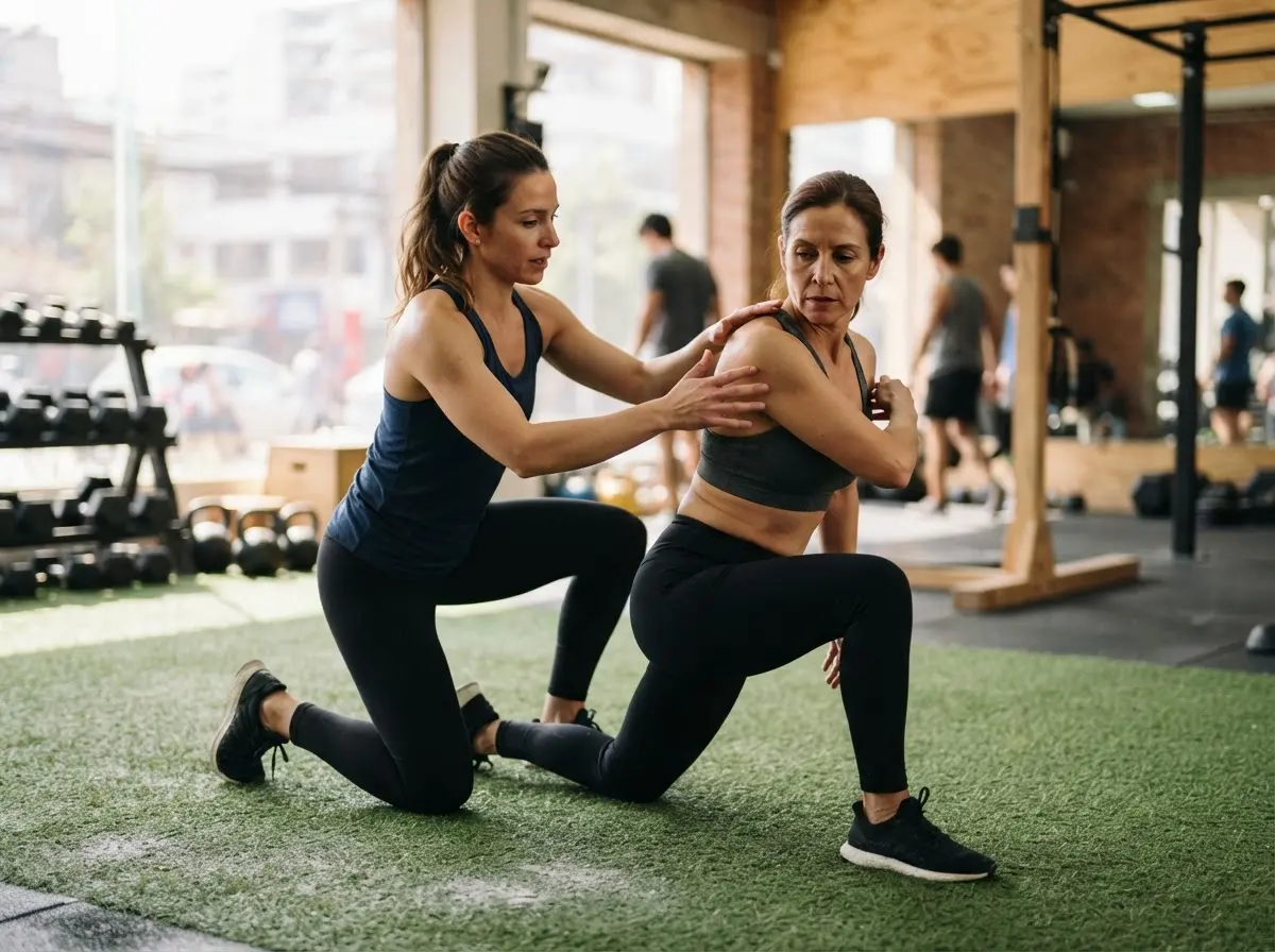 A coach corrects the form of a woman lunging on artificial turf