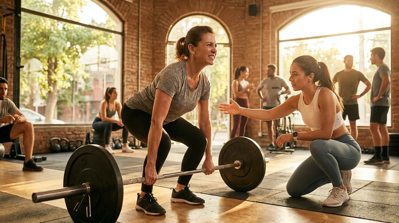 A woman performs a barbell deadlift while her coach watches closely