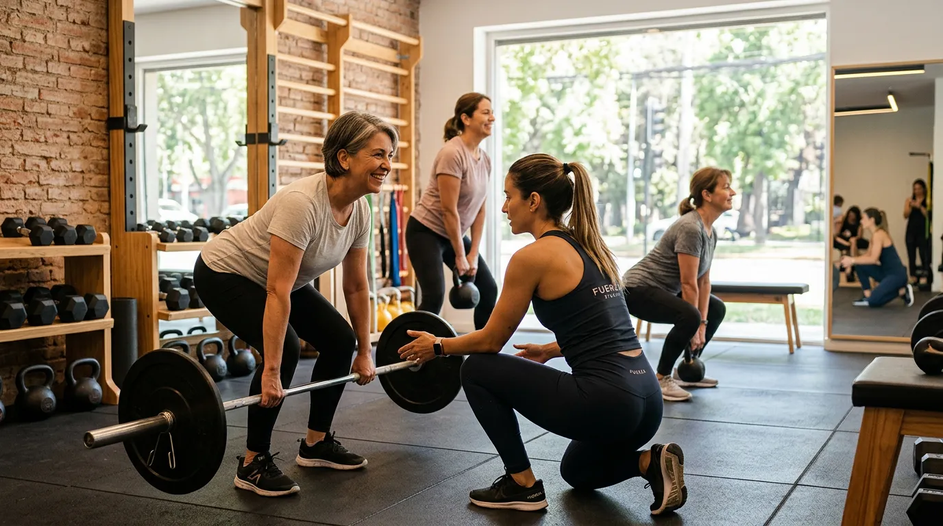 A woman lifts a loaded barbell while a kneeling coach guides her, in a bright gym