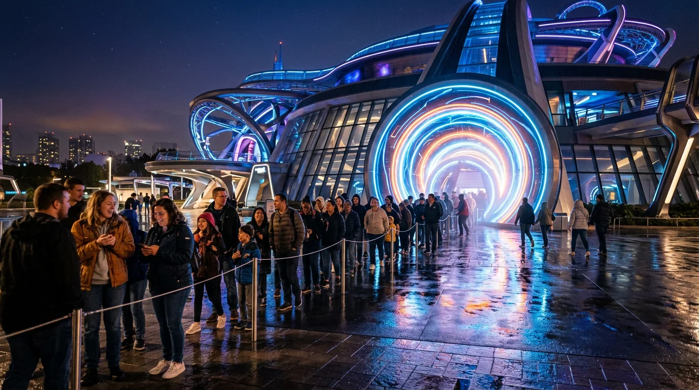 The Horizonte VR building at night, its circular entrance lit up like a portal