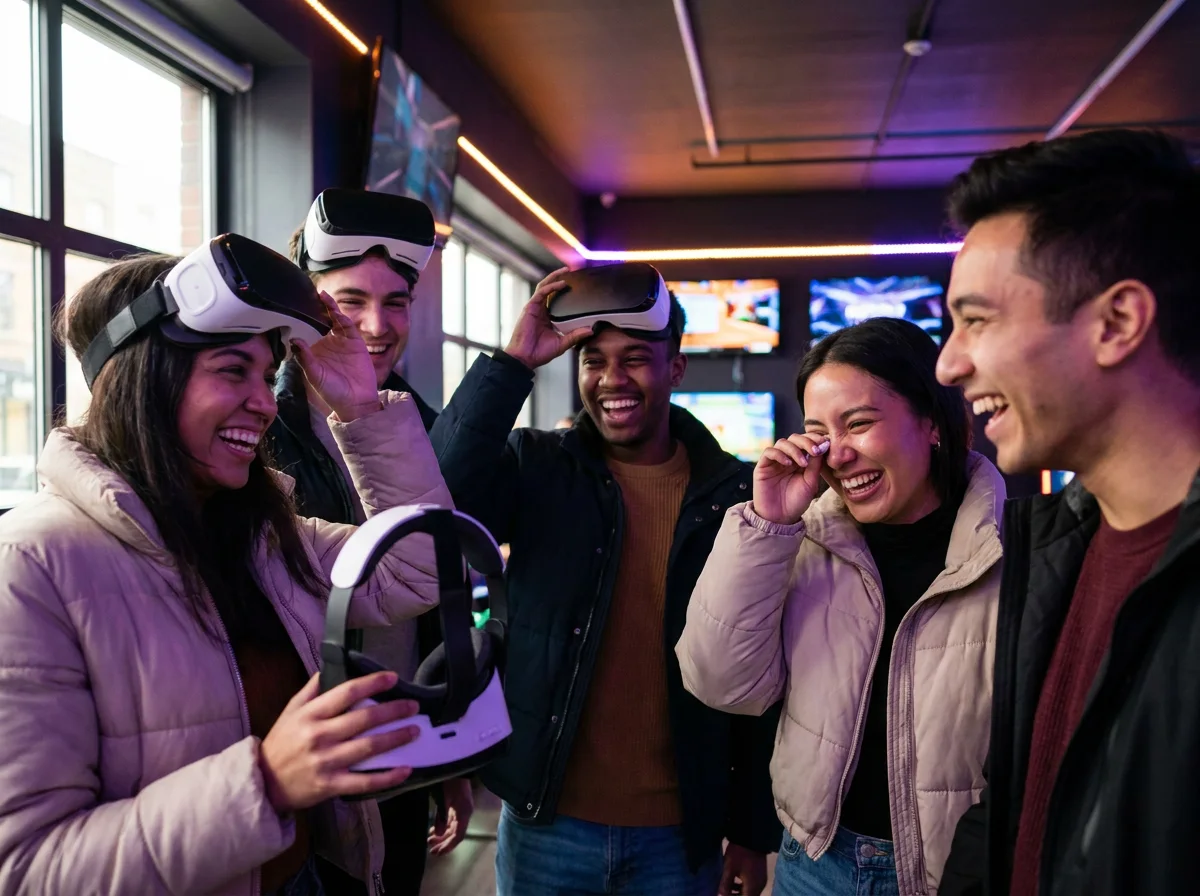 A group of friends pulling off their VR headsets, laughing hard