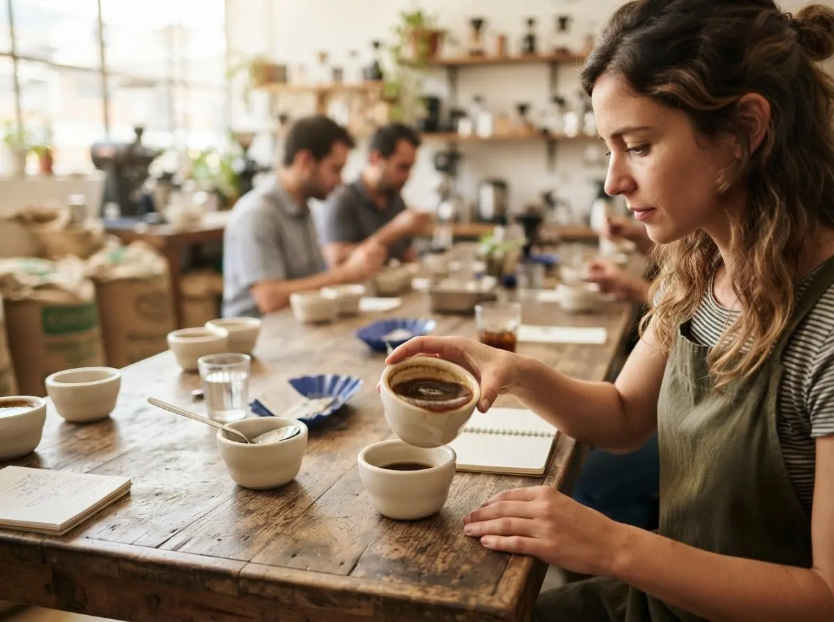 A woman cupping coffee with a spoon at a long table full of tasting cups