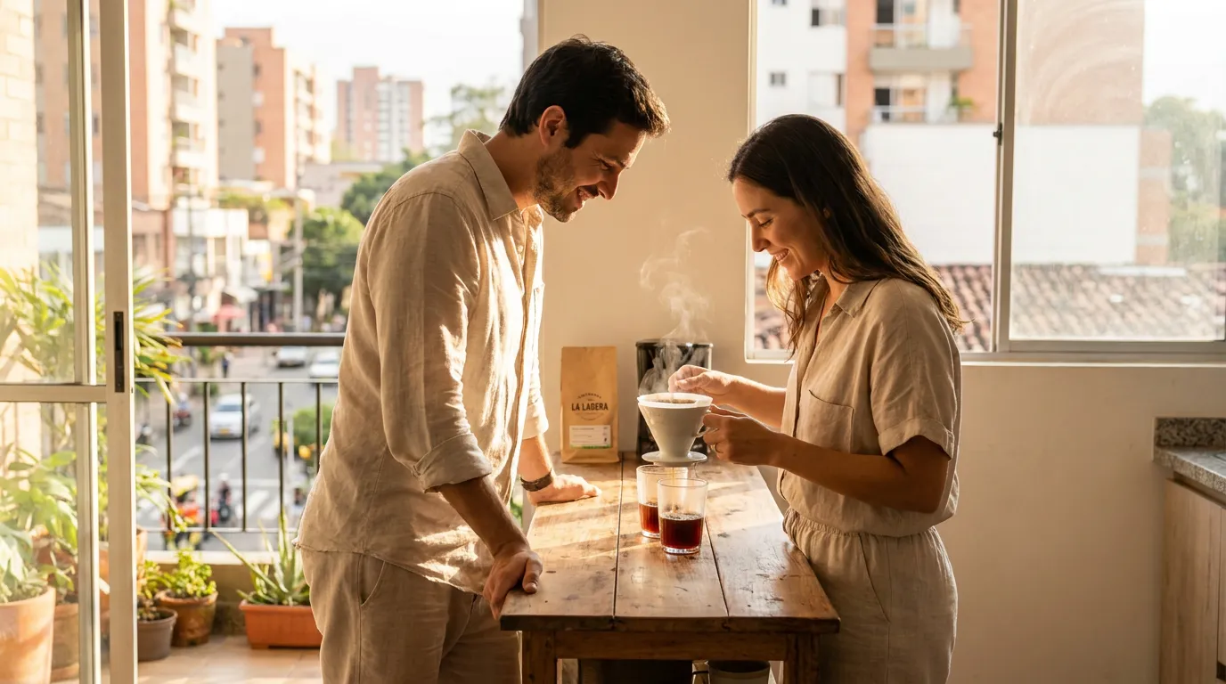 A couple tasting freshly brewed coffee in a bright room