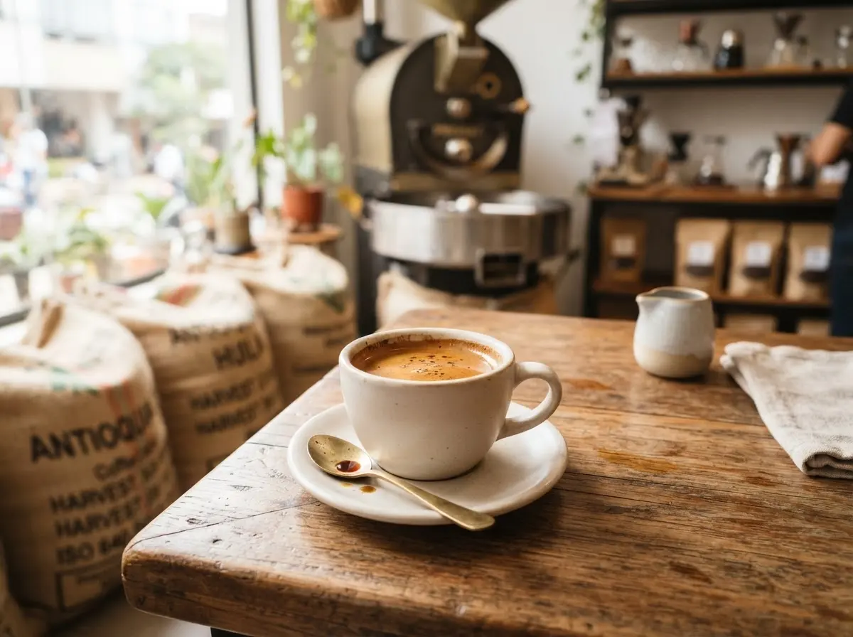 A freshly poured cup of coffee on a wooden table, with sacks of Antioquian coffee behind it