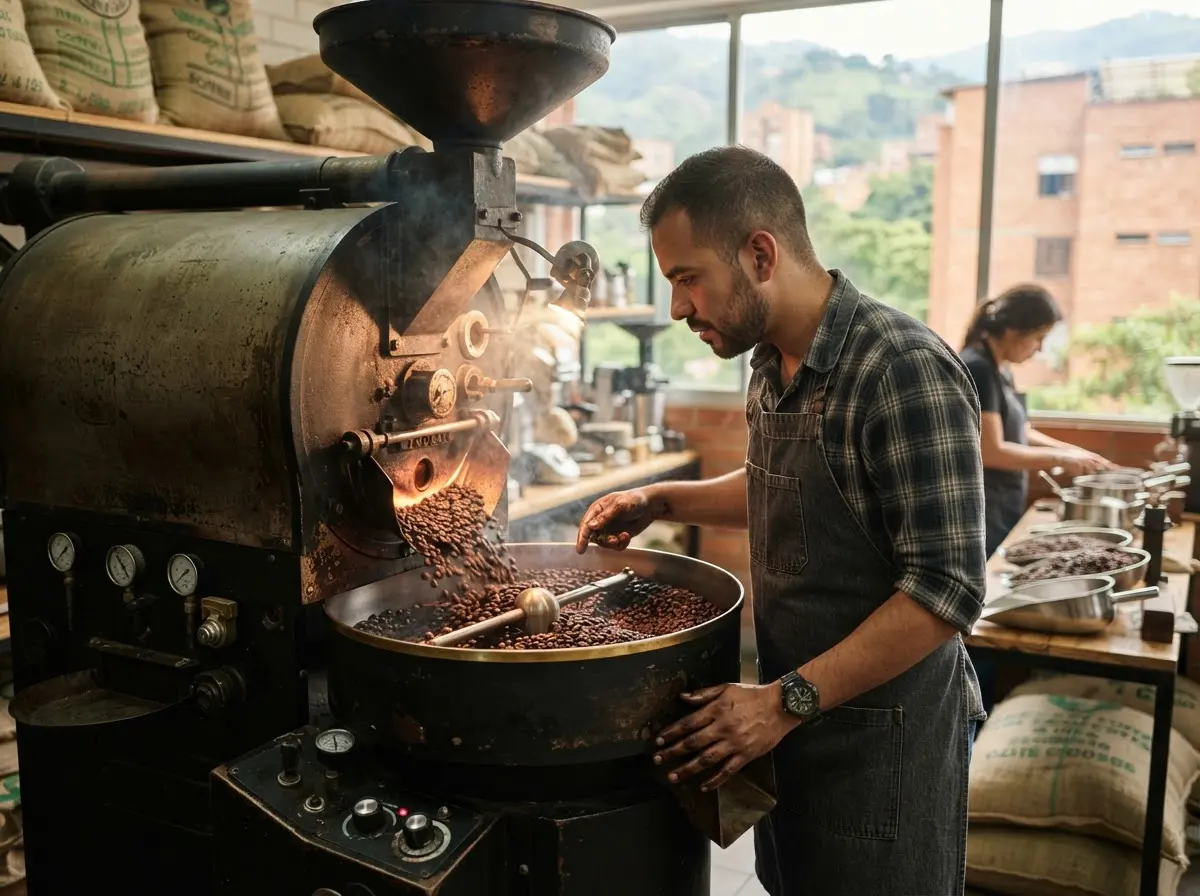 A roaster at work beside a roasting drum giving off steam and freshly roasted coffee
