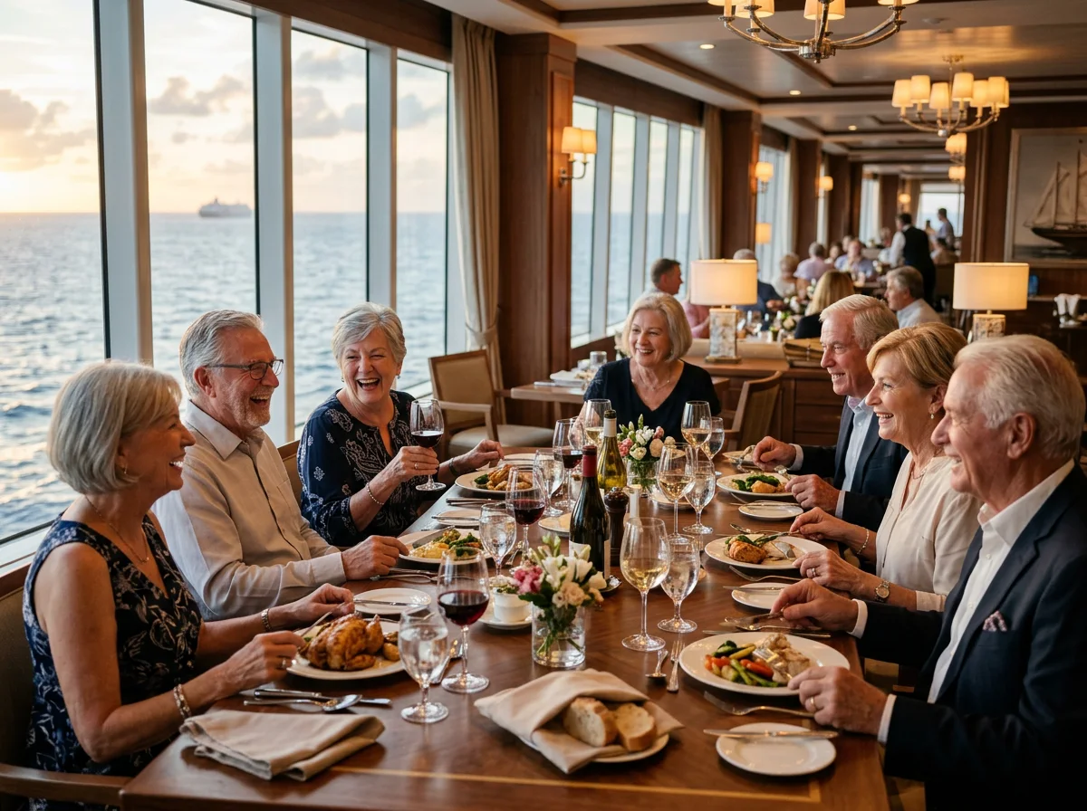 Several travelers share a relaxed meal at a table beside large windows onto the sea.