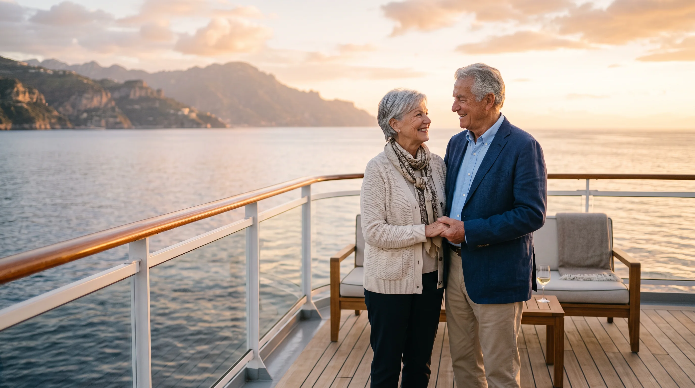 An older couple, seated on the deck of a small ship, look out to sea at golden hour.