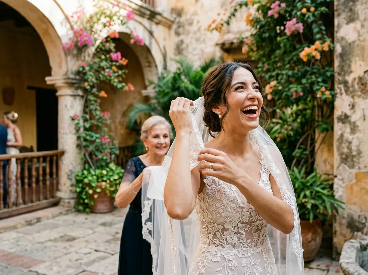 The bride laughs with her eyes closed as her mother adjusts her veil in a colonial courtyard with bougainvillea
