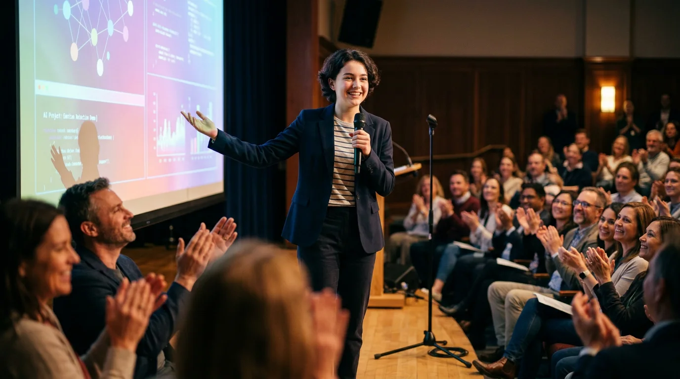 A teenage girl smiles as she presents her artificial intelligence project on the Demo Day stage while the audience applauds