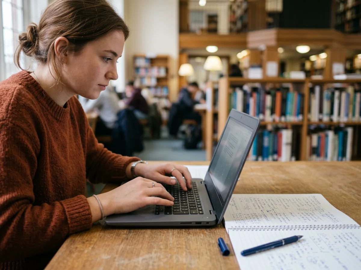 A student writes code on a laptop with an open notebook beside it