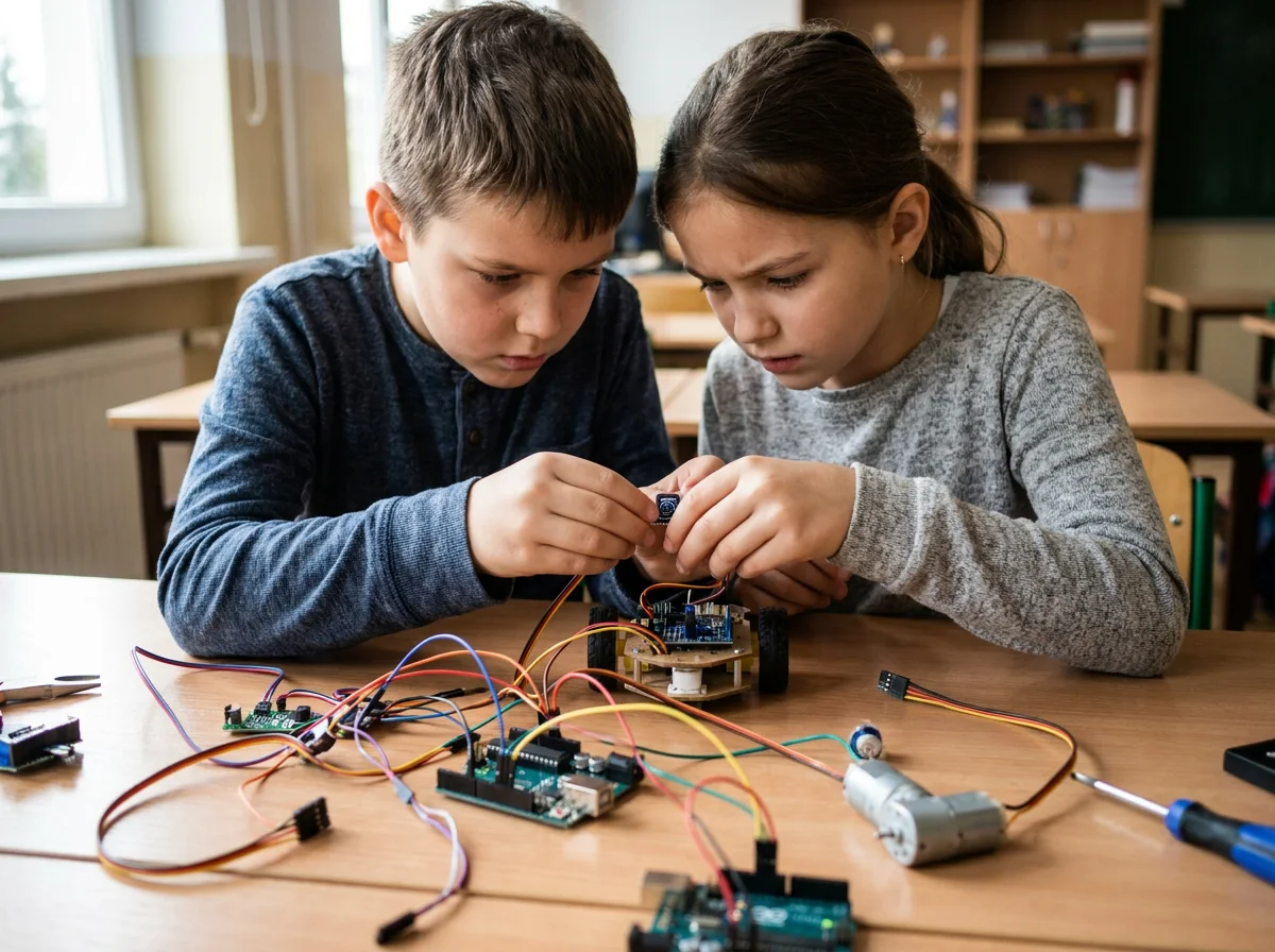 A girl and a boy wire up the cables and sensors of a small robot in Nodo’s Robotics class