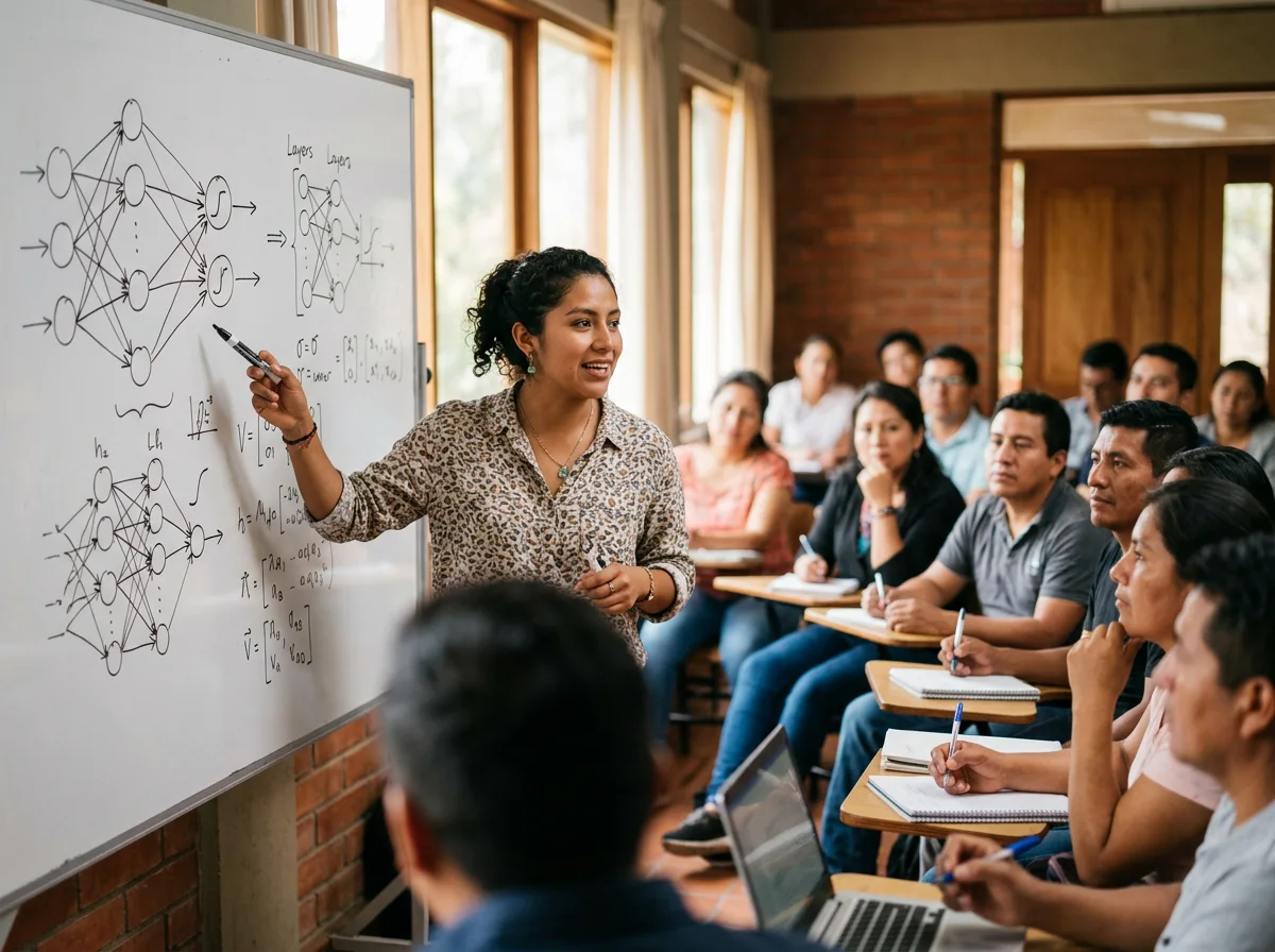Andrea, a Nodo mentor, explains a hand-drawn neural network on the whiteboard to her group