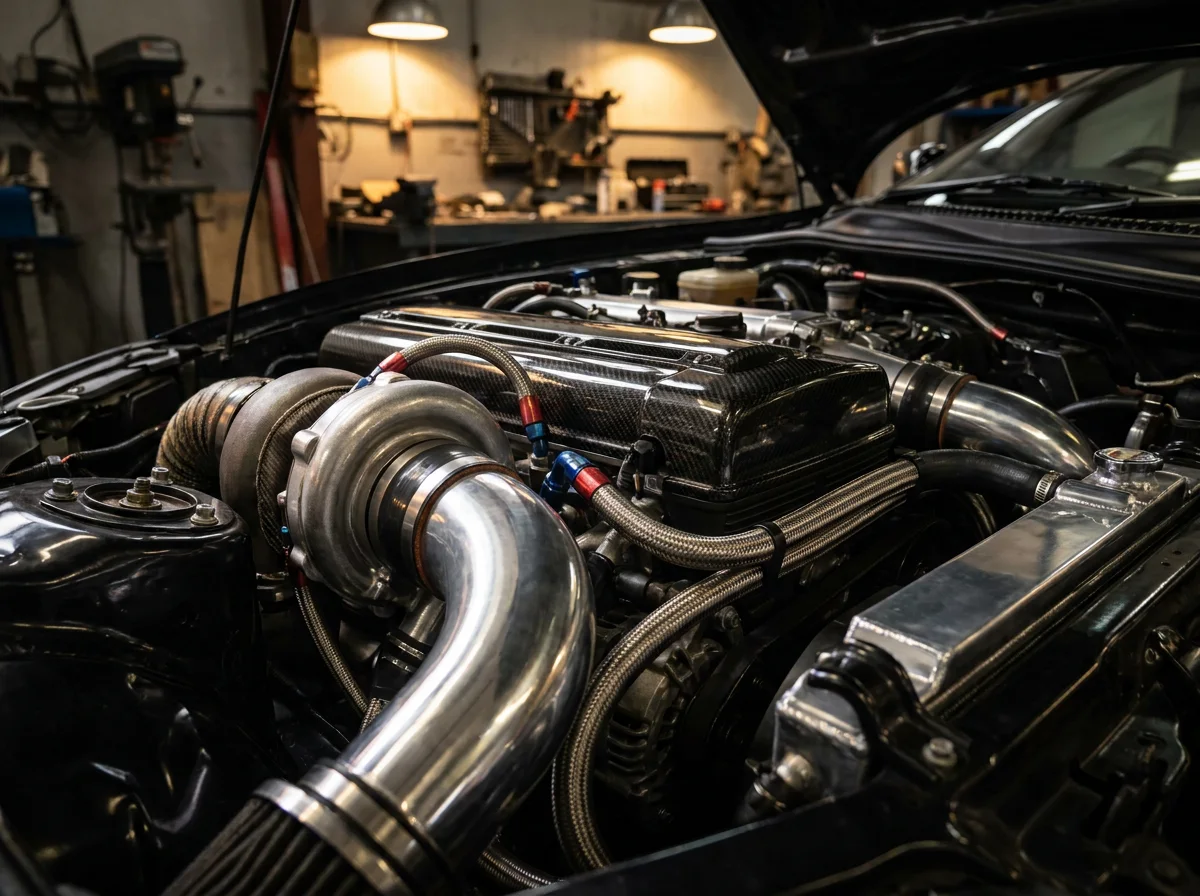 Turbo and intake piping installed in the engine bay