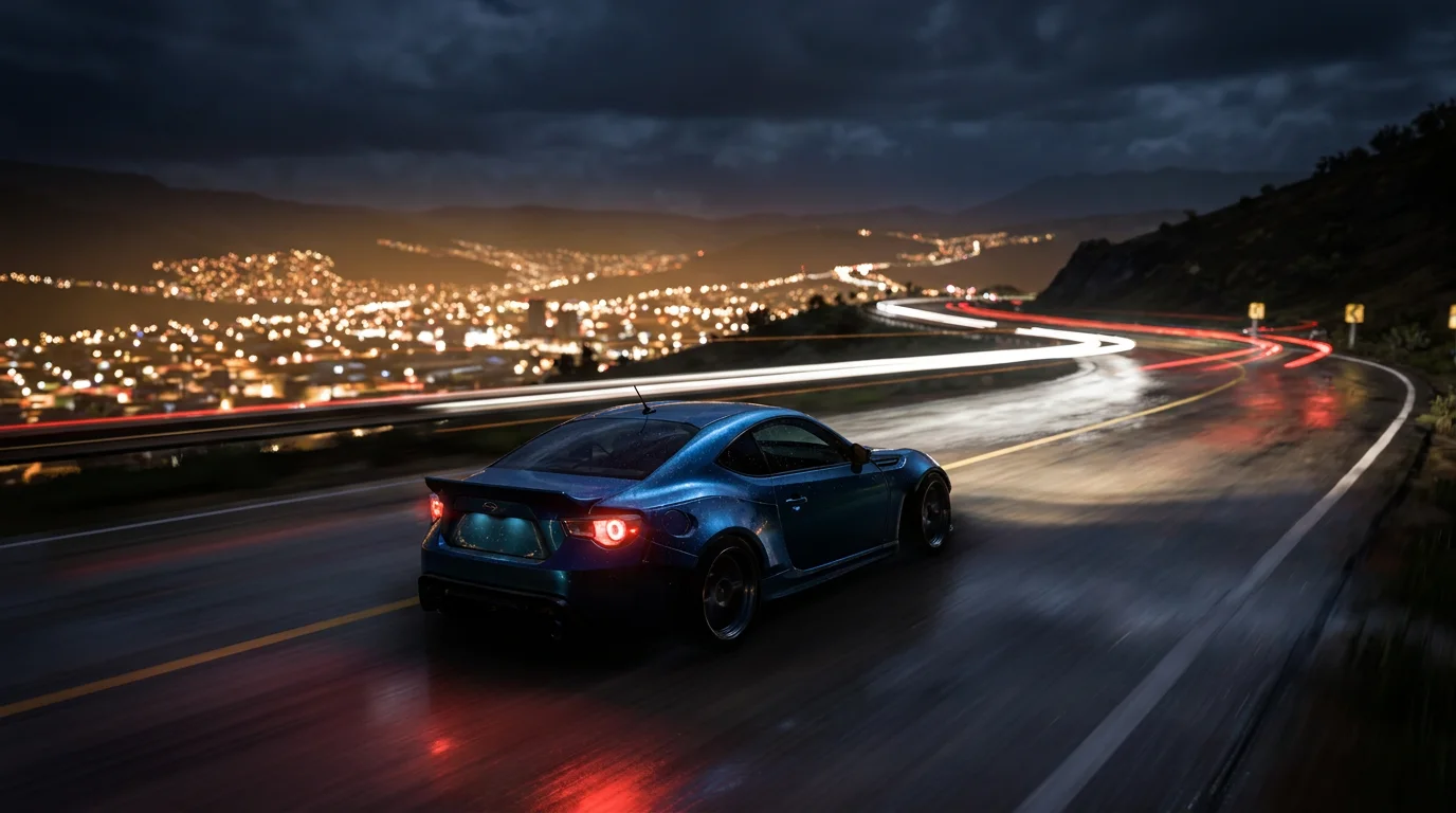 A tuned car on a wet mountain road at night, with the lights of Quito below
