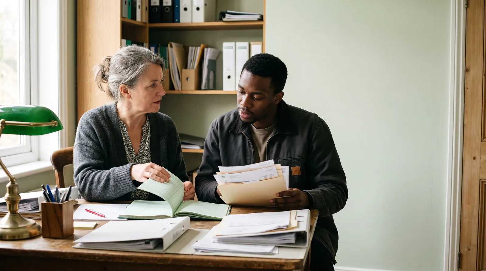 An accountant at an old wooden desk turns a green-ruled ledger toward a small-business owner holding a folder of invoices