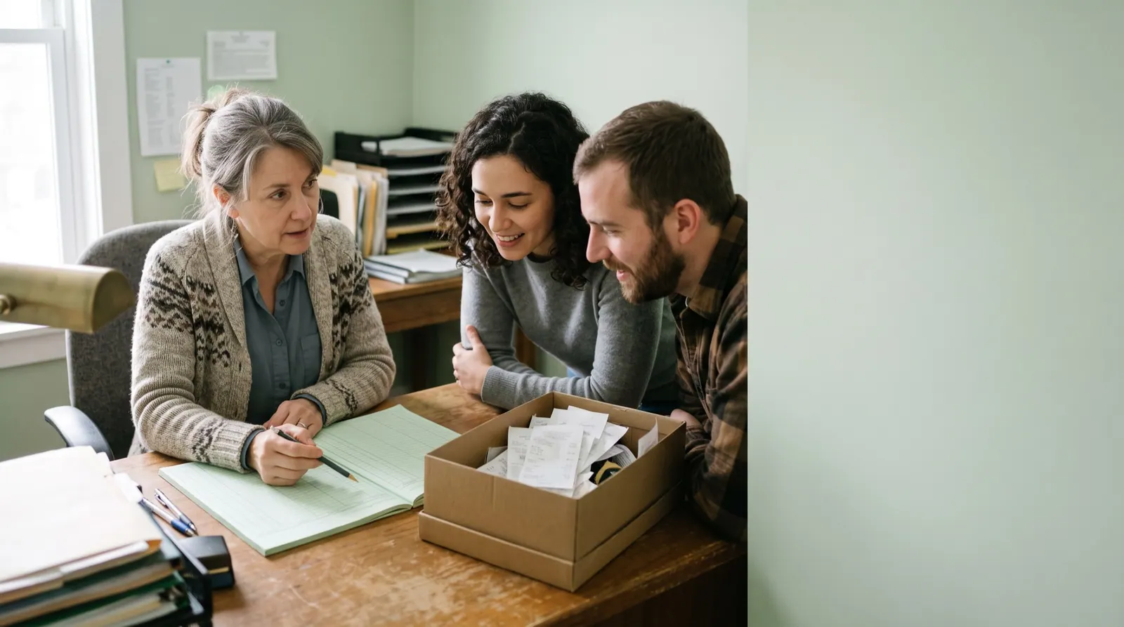 An accountant points with a pencil at a ledger sheet while two small-business owners lean in across her desk
