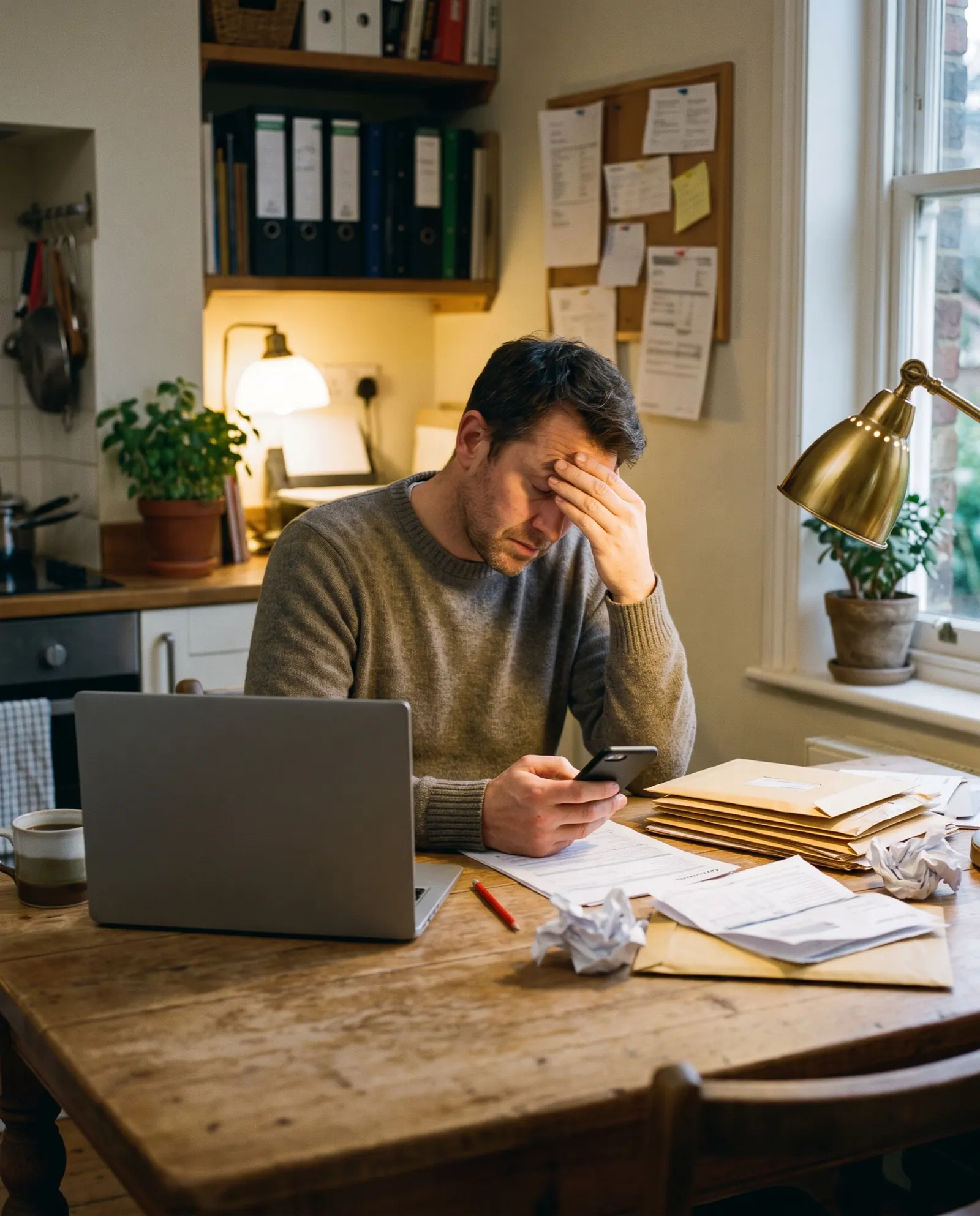 A small-business owner at a kitchen table at night sorting paper receipts beside a laptop