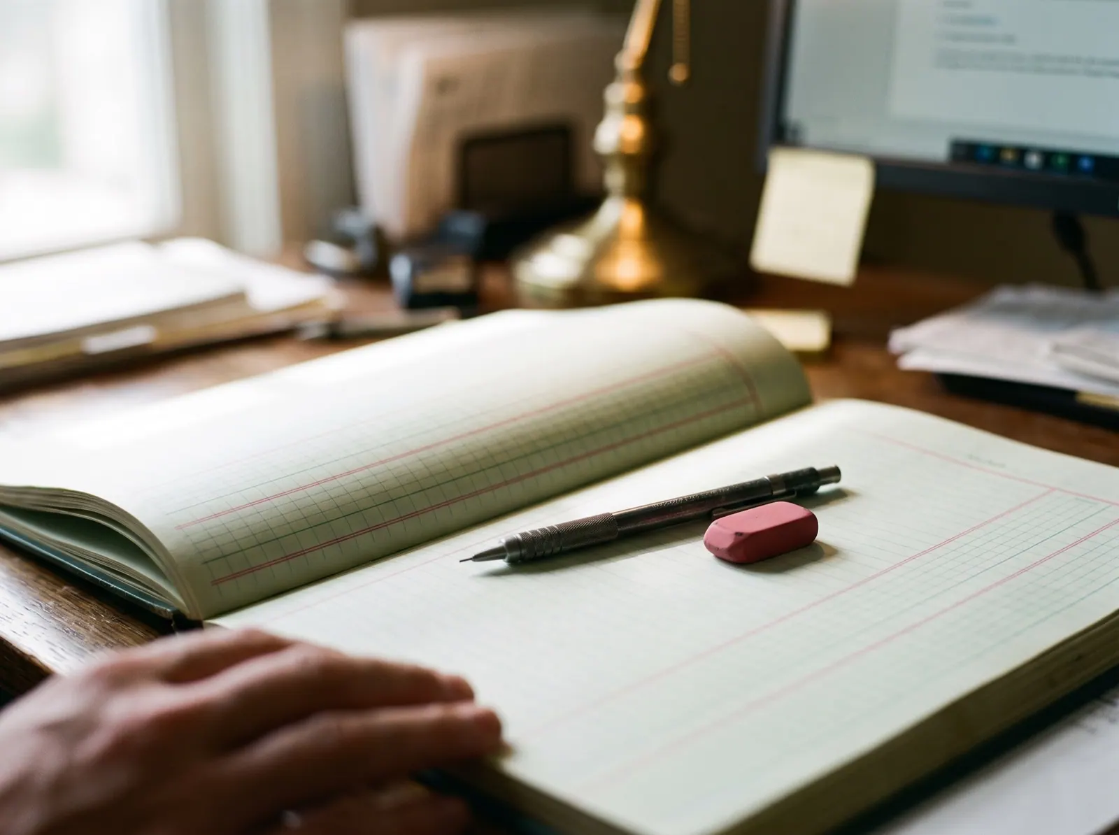 A green-ruled ledger page open on a desk, a pencil resting across it and a hand at the edge of the page
