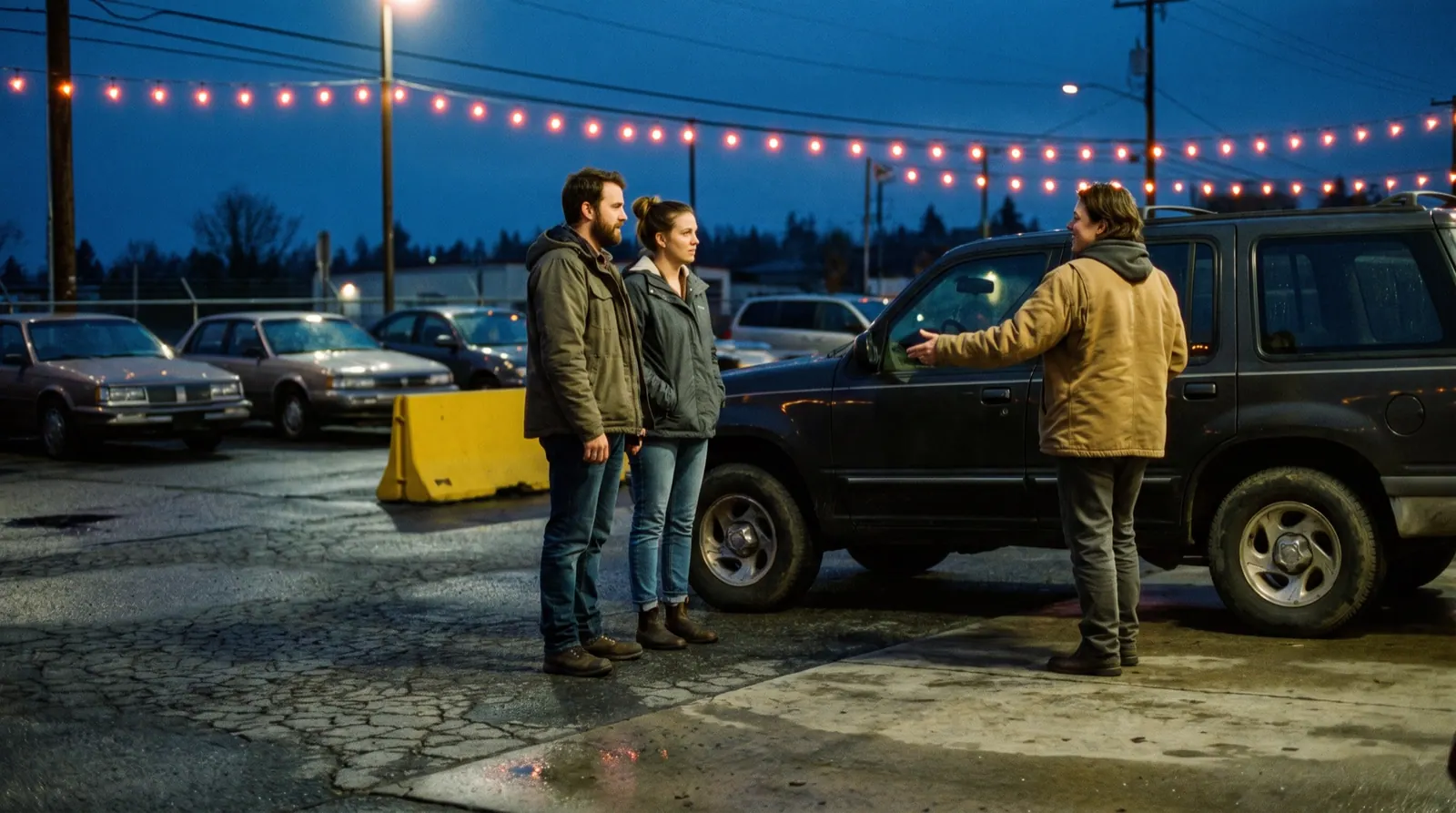 A couple looks at a used SUV with a salesperson on a small lot at blue hour