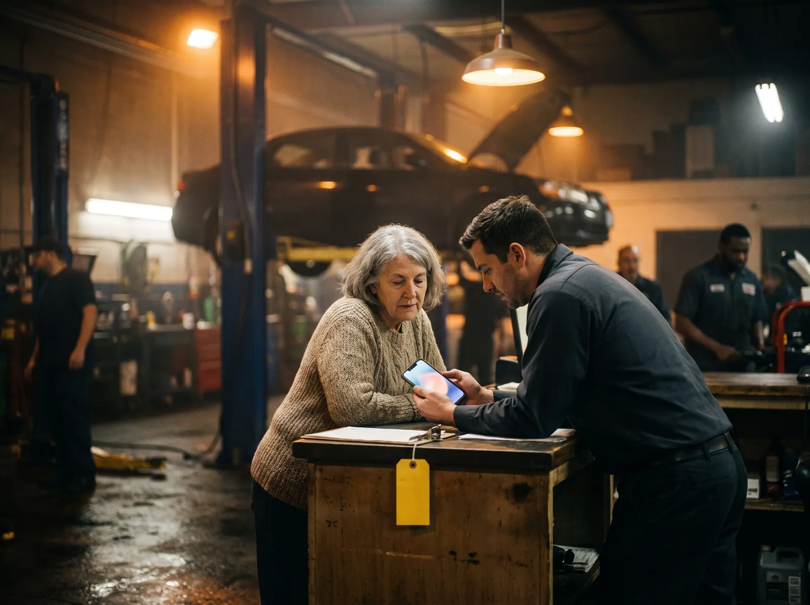 A service advisor turns a phone toward a customer to show a repair quote at a worn shop counter