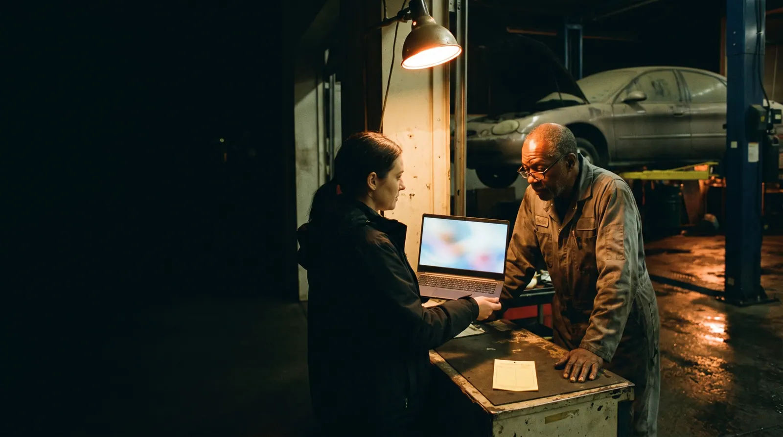 A woman holds a laptop across a workbench to a mechanic in overalls in a dim repair bay