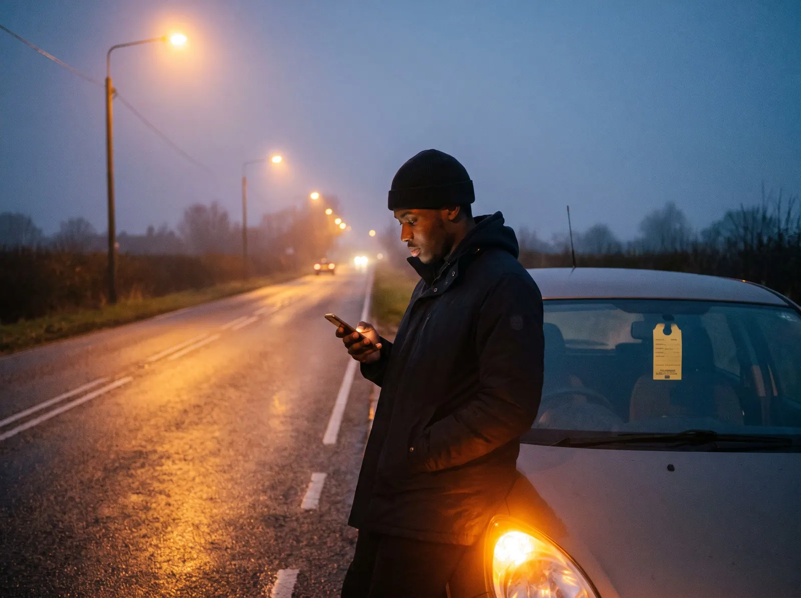 A driver beside a stopped car with hazard lights on, searching on a phone at dusk