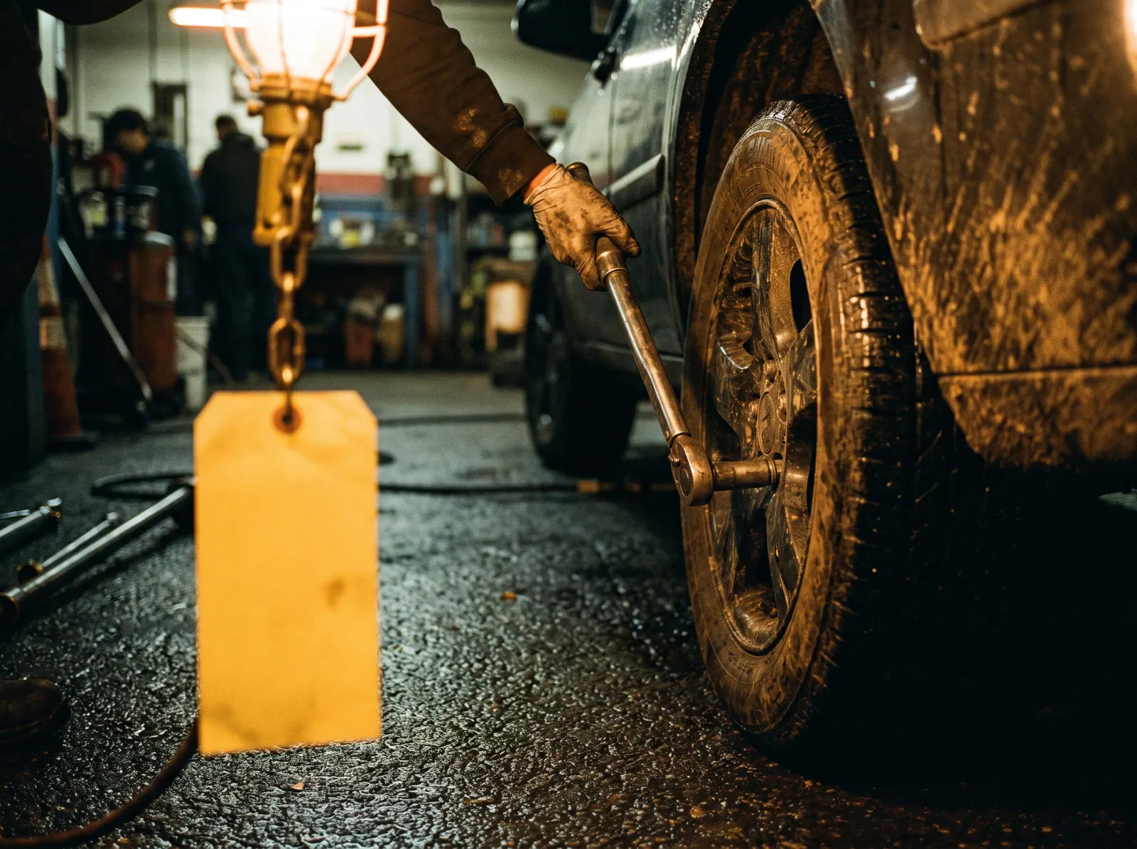 A gloved hand turns a wheel brace on a muddy tyre beside a blank yellow tag hanging from a work lamp
