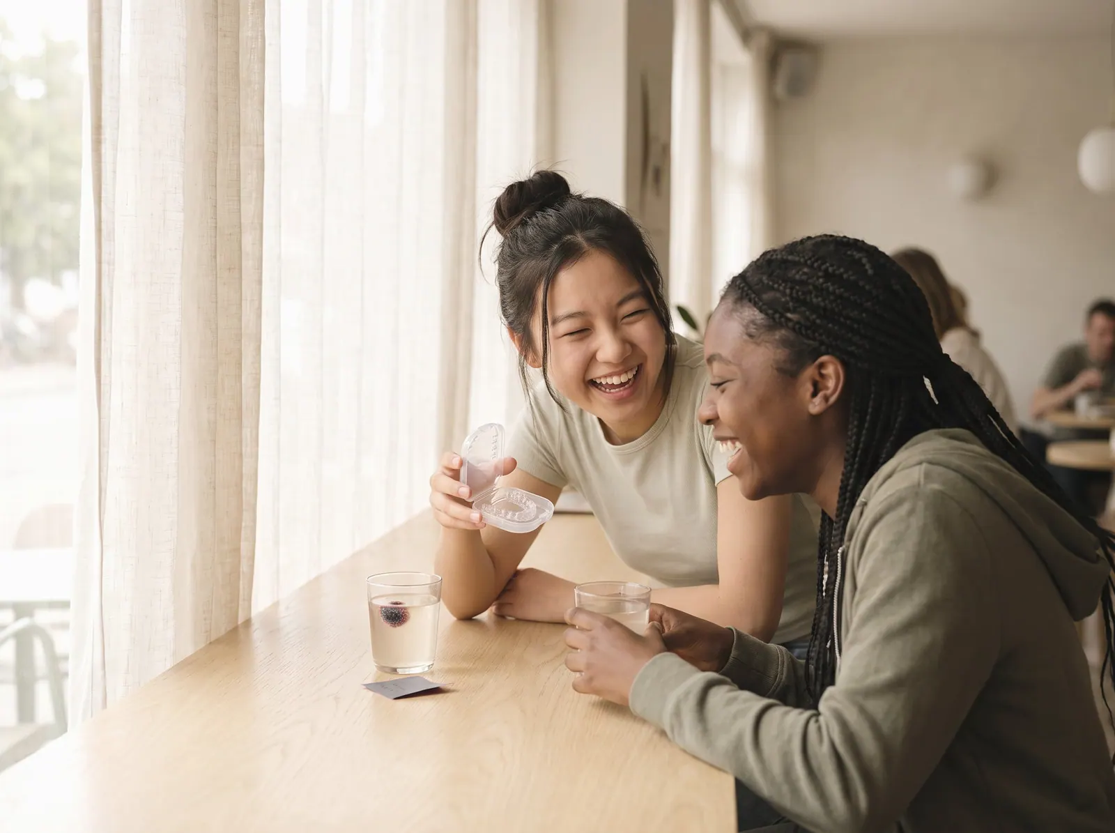 Two teenage girls laughing at a café table, one holding up a clear aligner case