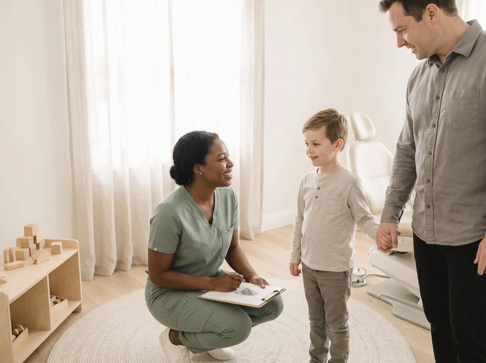 A pediatric dentist kneeling to talk with a young boy who holds his father’s hand in a bright treatment room