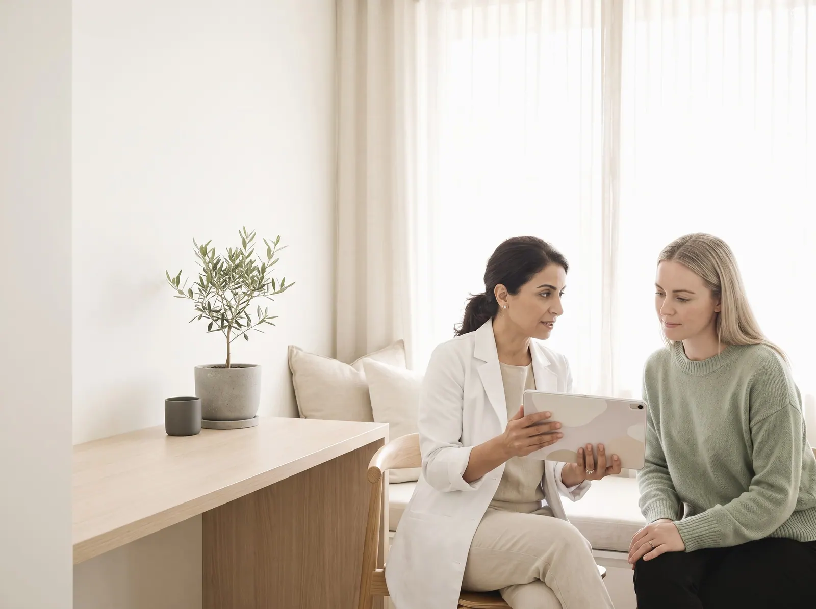 A dentist talks with a patient in a bright consultation room