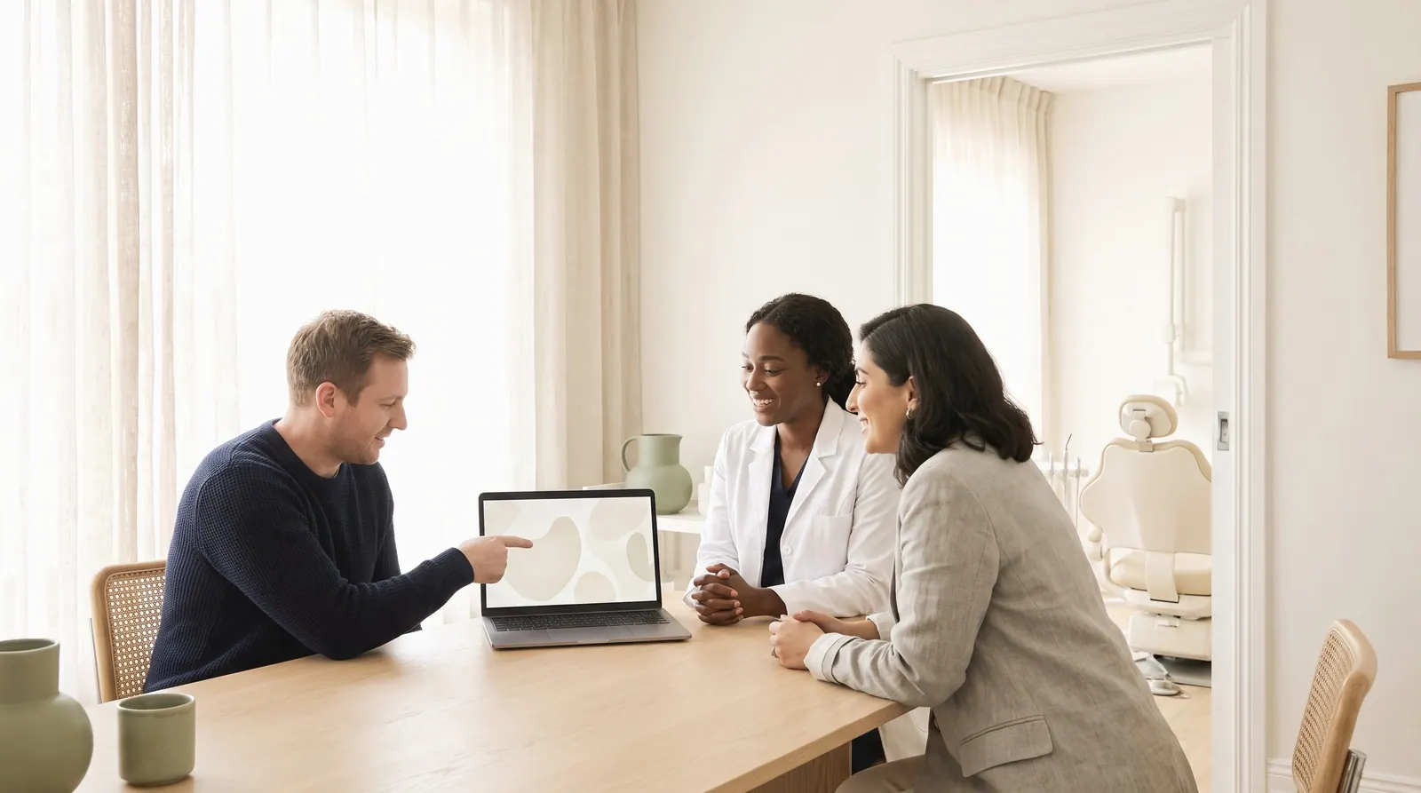 A web designer shows a page on a laptop to a dentist and a colleague at a practice table