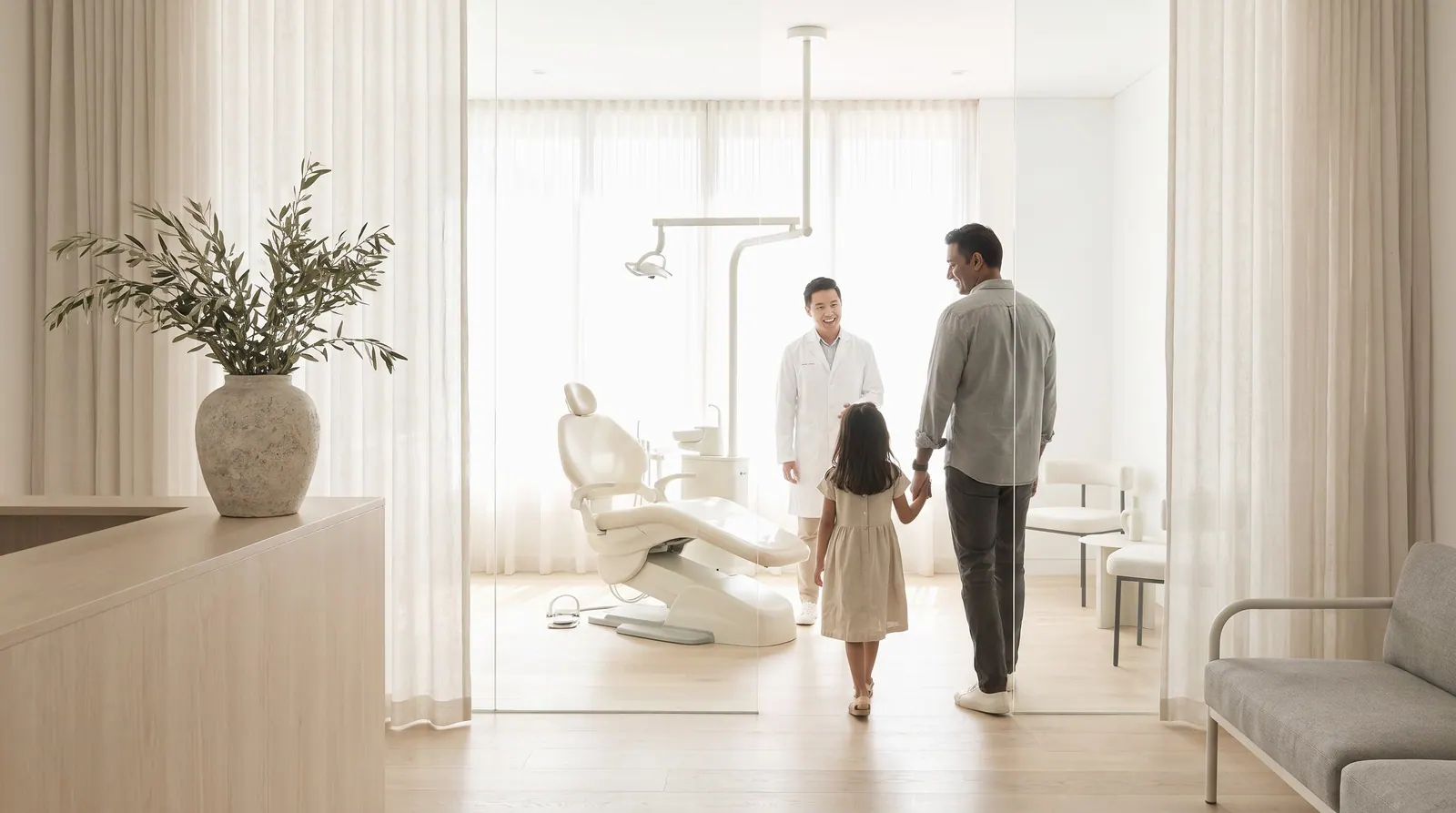 A father and his young daughter are welcomed by a dentist as they walk into a sunlit treatment room