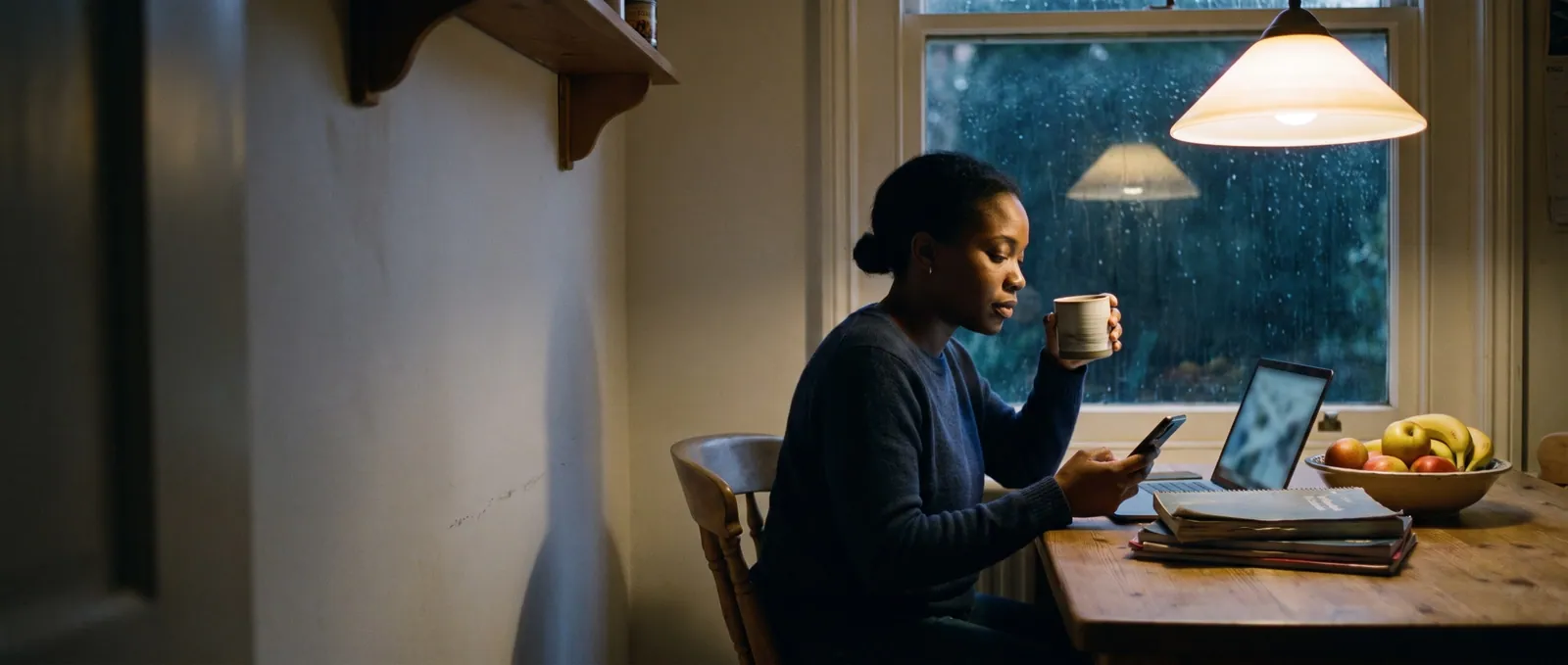 A mother checks a school website on her phone at a kitchen table in the evening