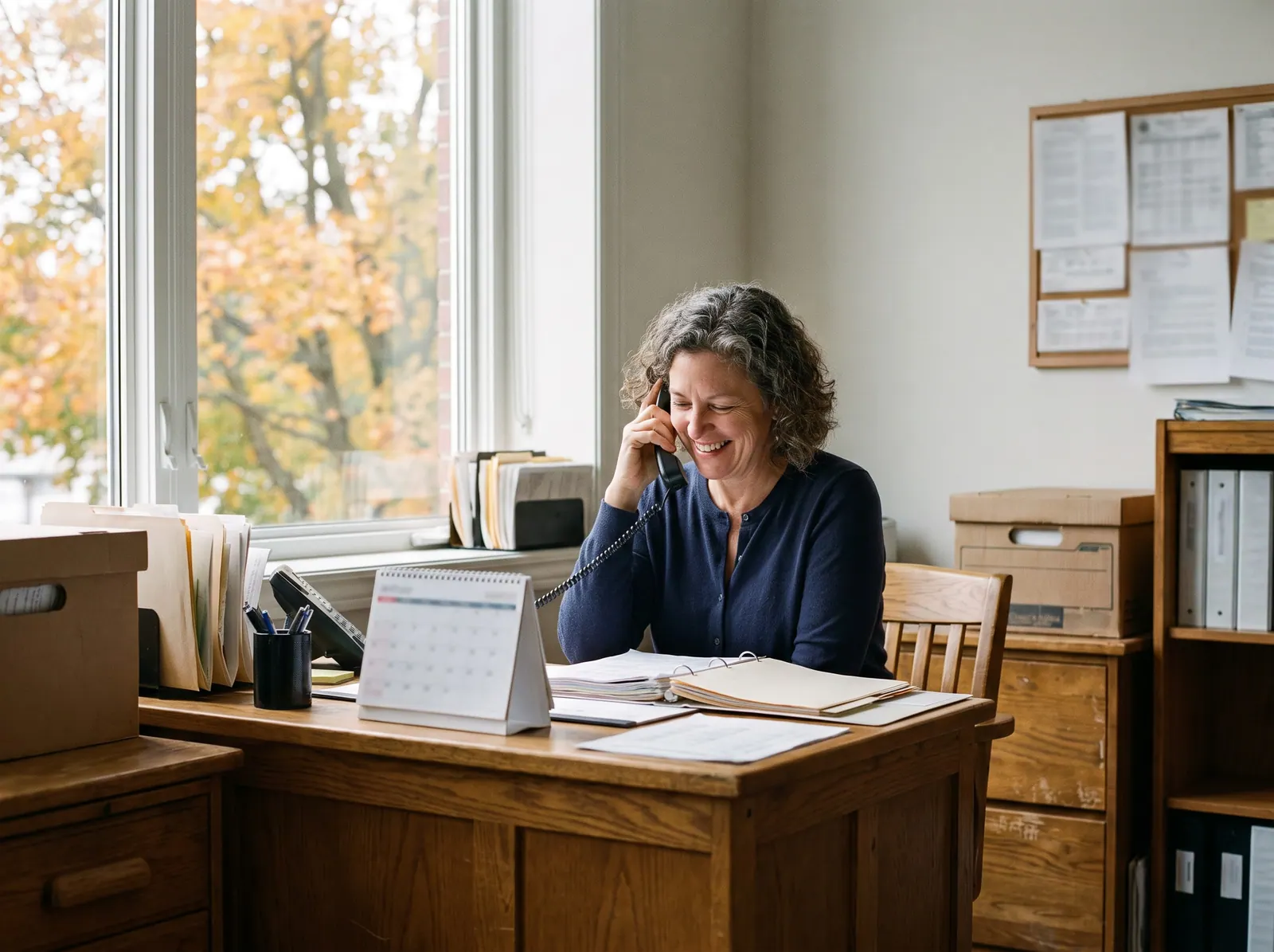 An admissions officer smiling on the phone at her desk