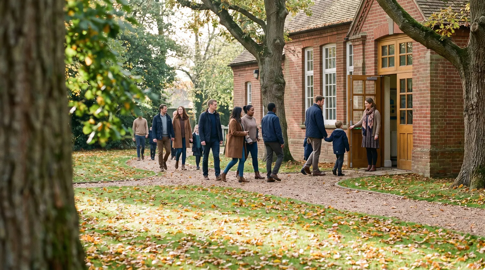 Families walking up a leafy path to a brick school on an open day