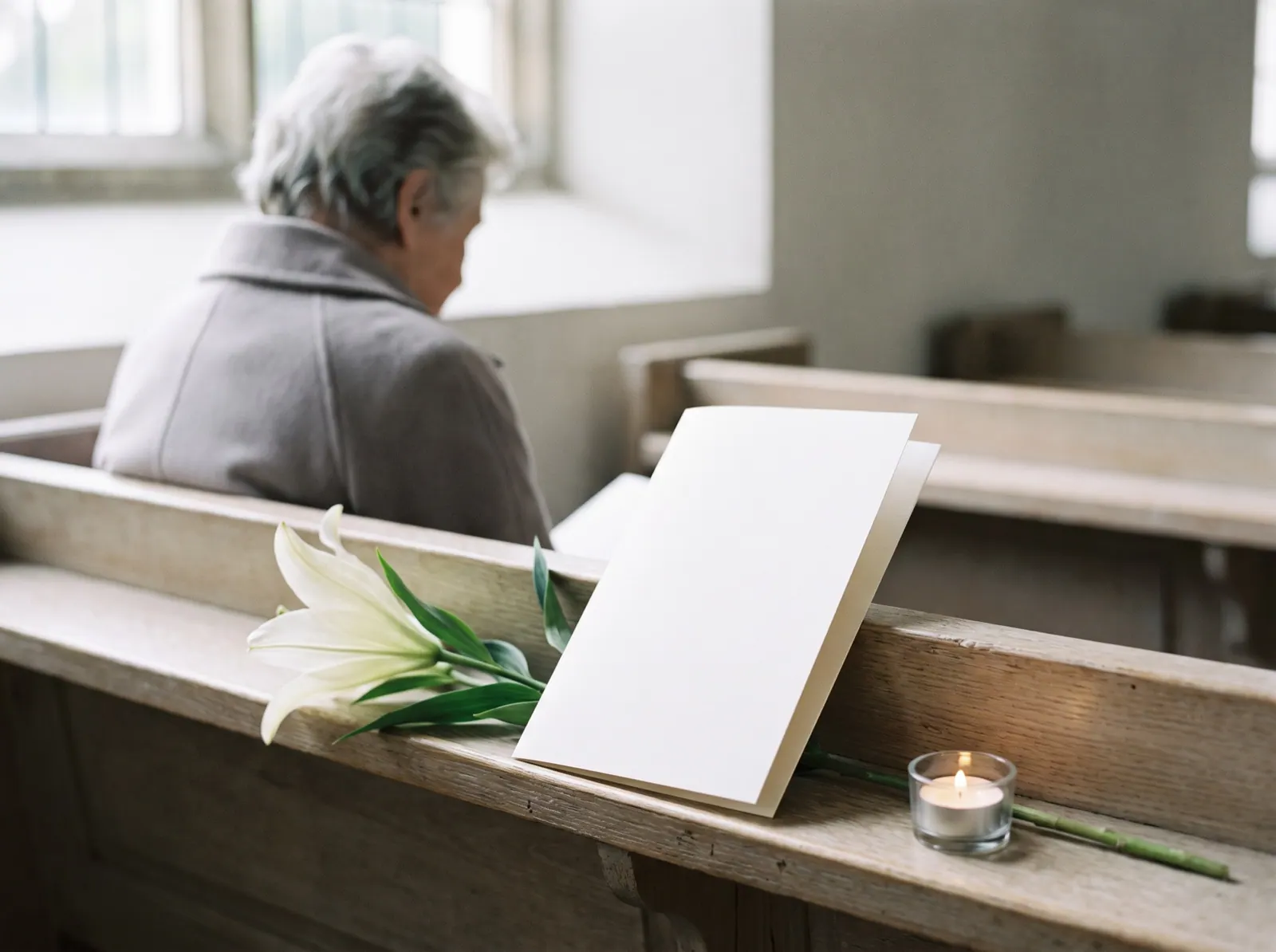 A blank folded order-of-service card and a white lily on a pale wooden pew, a woman sitting quietly in the row ahead