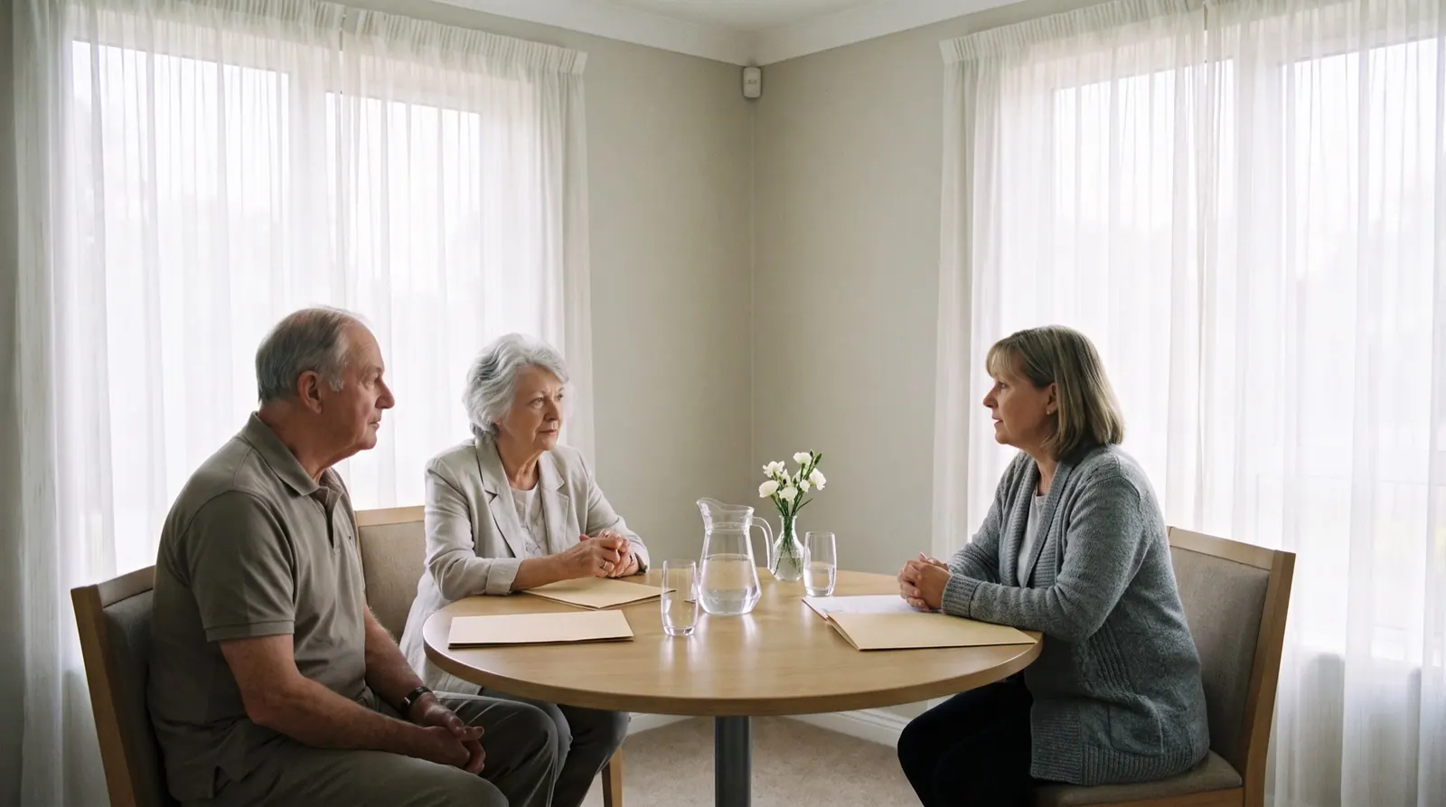 An older couple sits with a funeral director at a round table in a bright room with sheer curtains