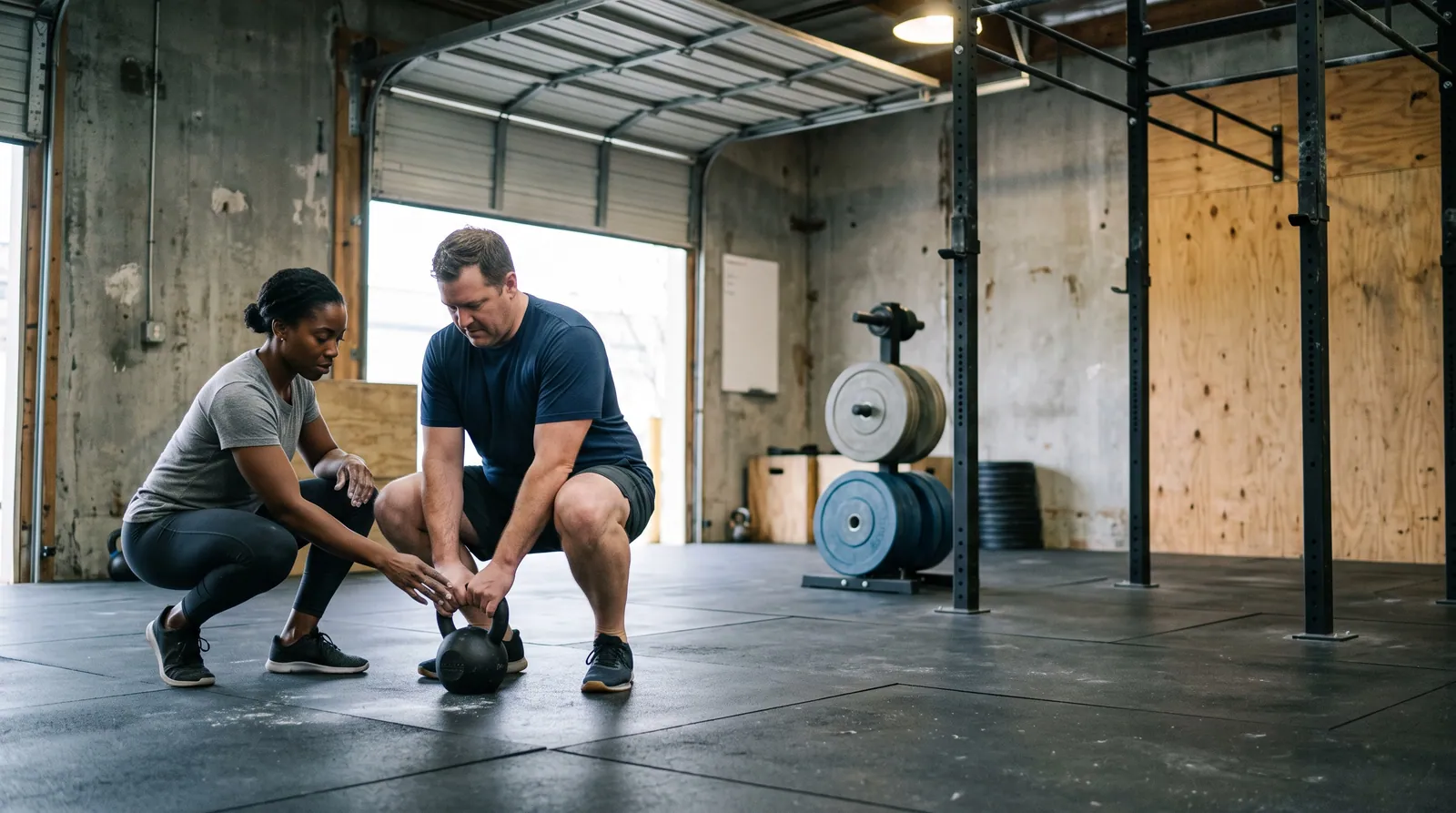 A coach crouches beside a new member to show her a kettlebell lift on the black rubber floor of a small gym
