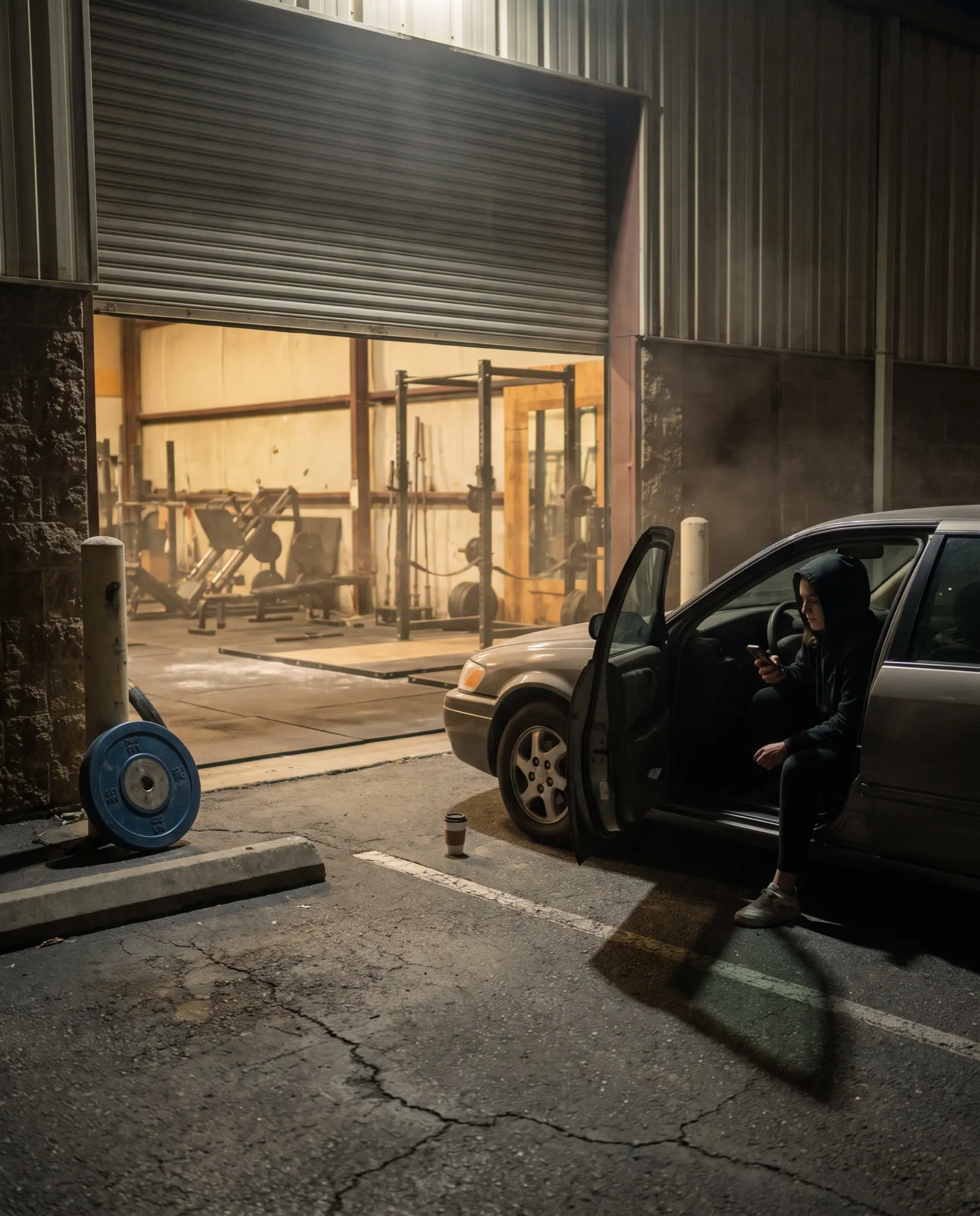 Before dawn, a woman sits in her parked car outside a lit warehouse gym, checking her phone