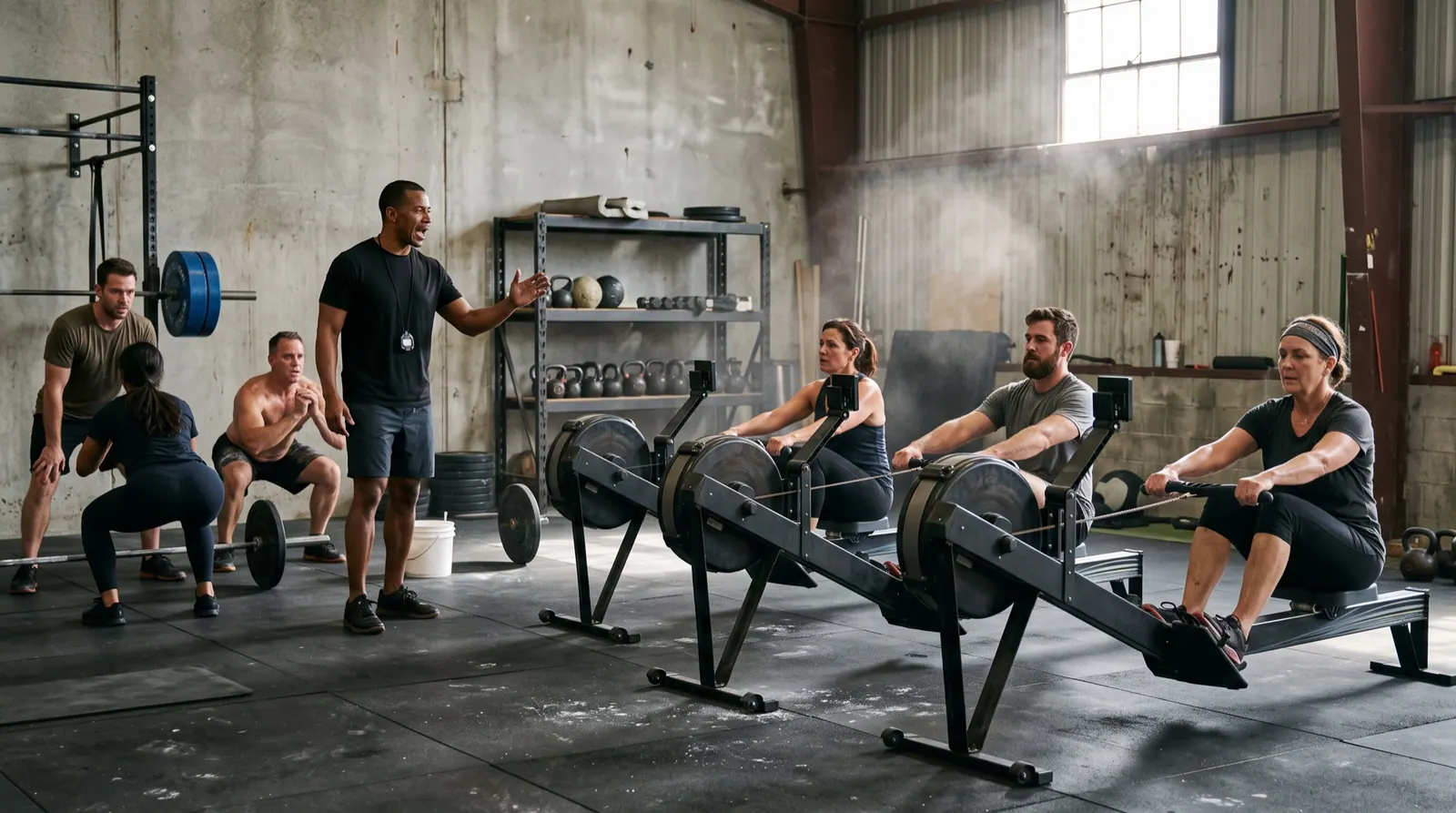 A small mixed-age class on rowing machines and doing squats while a coach counts, chalk dust in a shaft of light