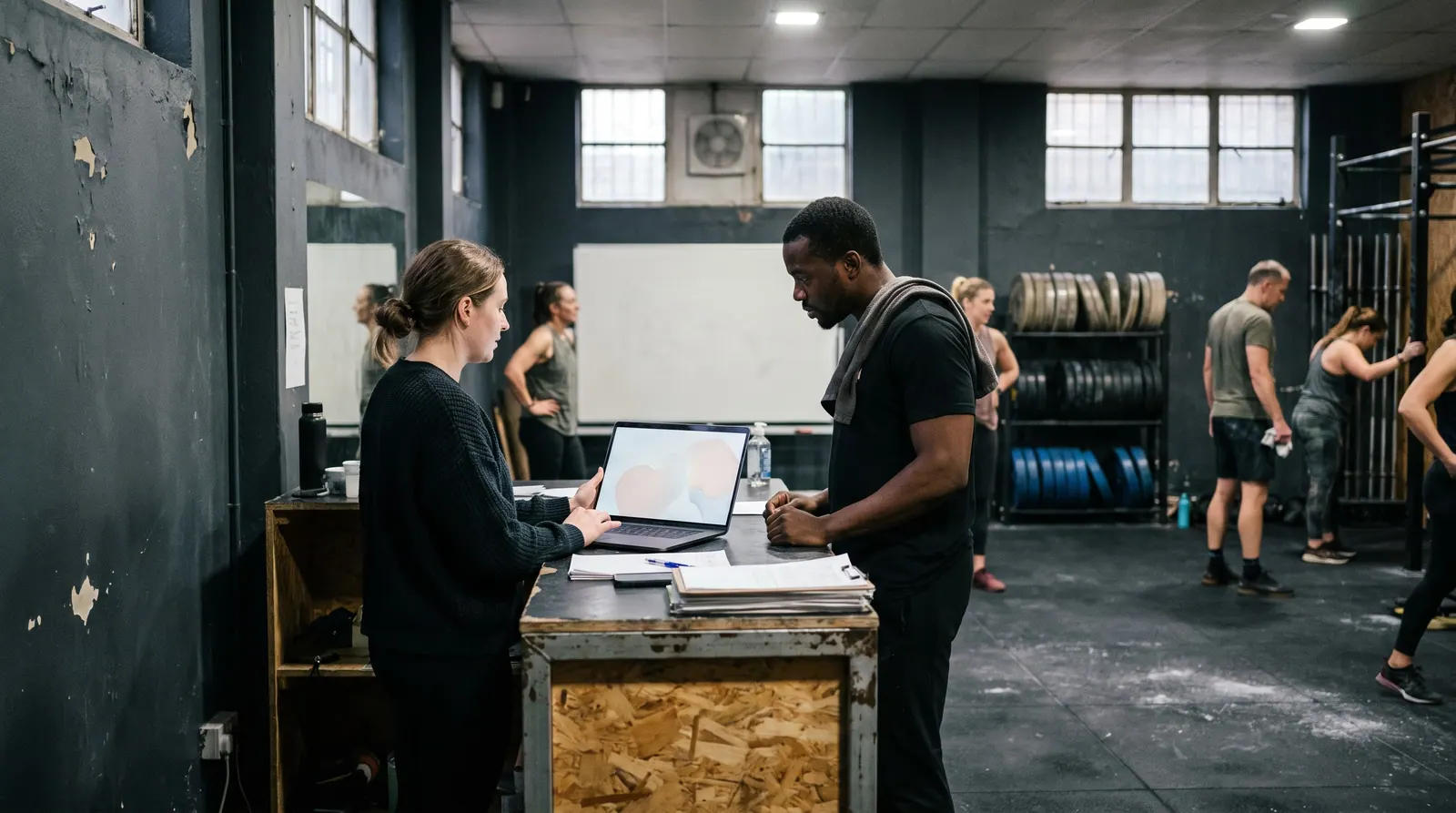 After the last class, a web agency owner turns a laptop toward a gym owner at the front desk of a small gym