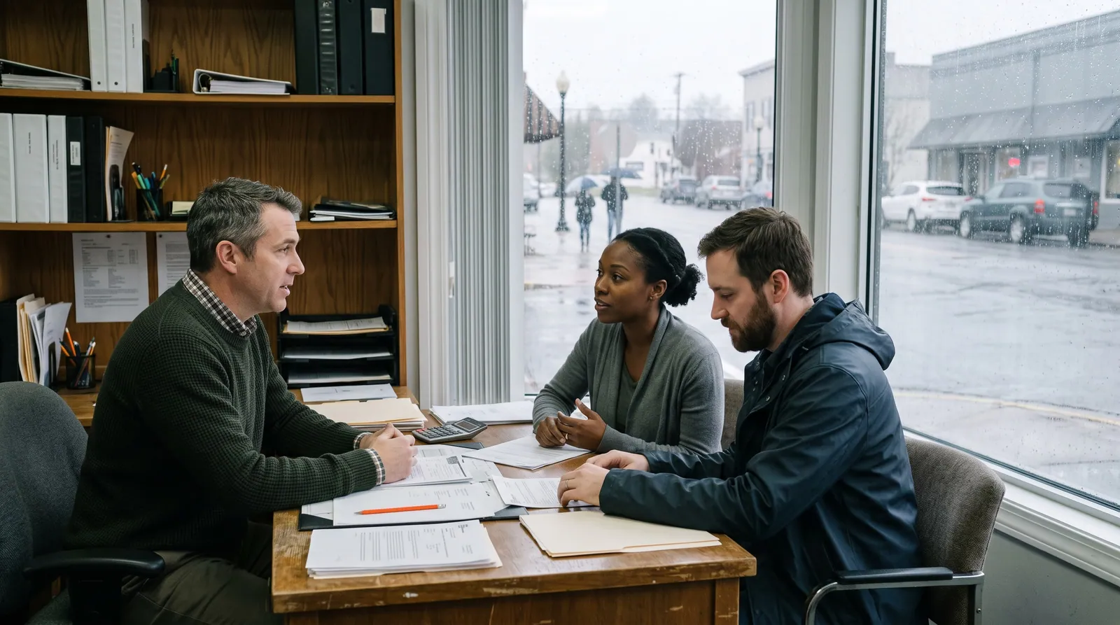 An independent agent talks with a couple across a wooden desk beside the agency's rain-streaked front window