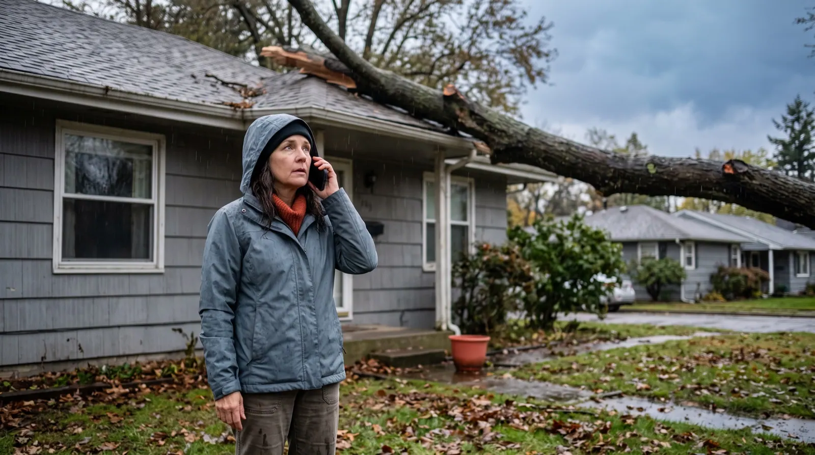 A homeowner in a rain jacket stands in her yard on the phone in front of a house with a fallen tree resting on its roof
